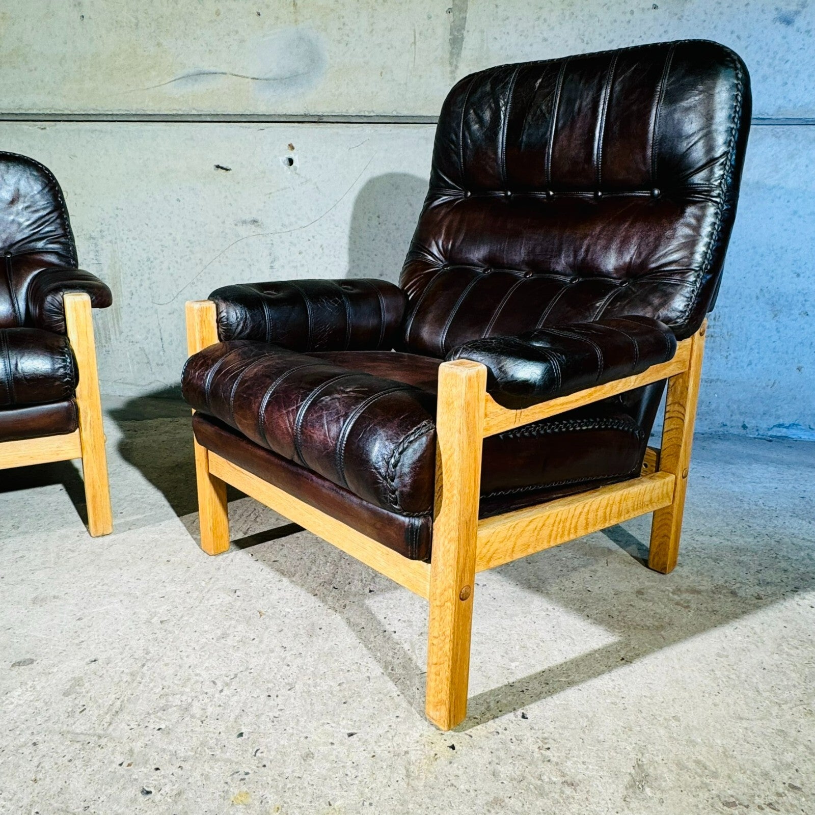 Vintage His and Hers Leather & Oak Swedish Chairs 1970s with Footstool