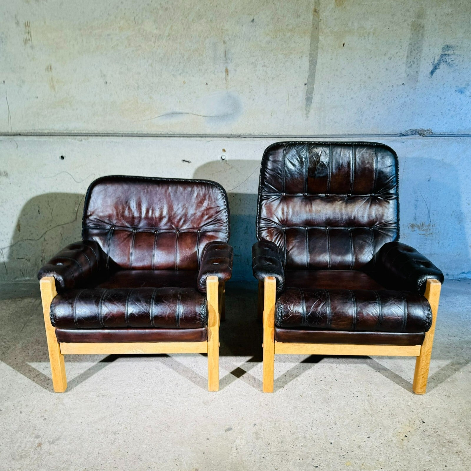 Vintage His and Hers Leather & Oak Swedish Chairs 1970s with Footstool