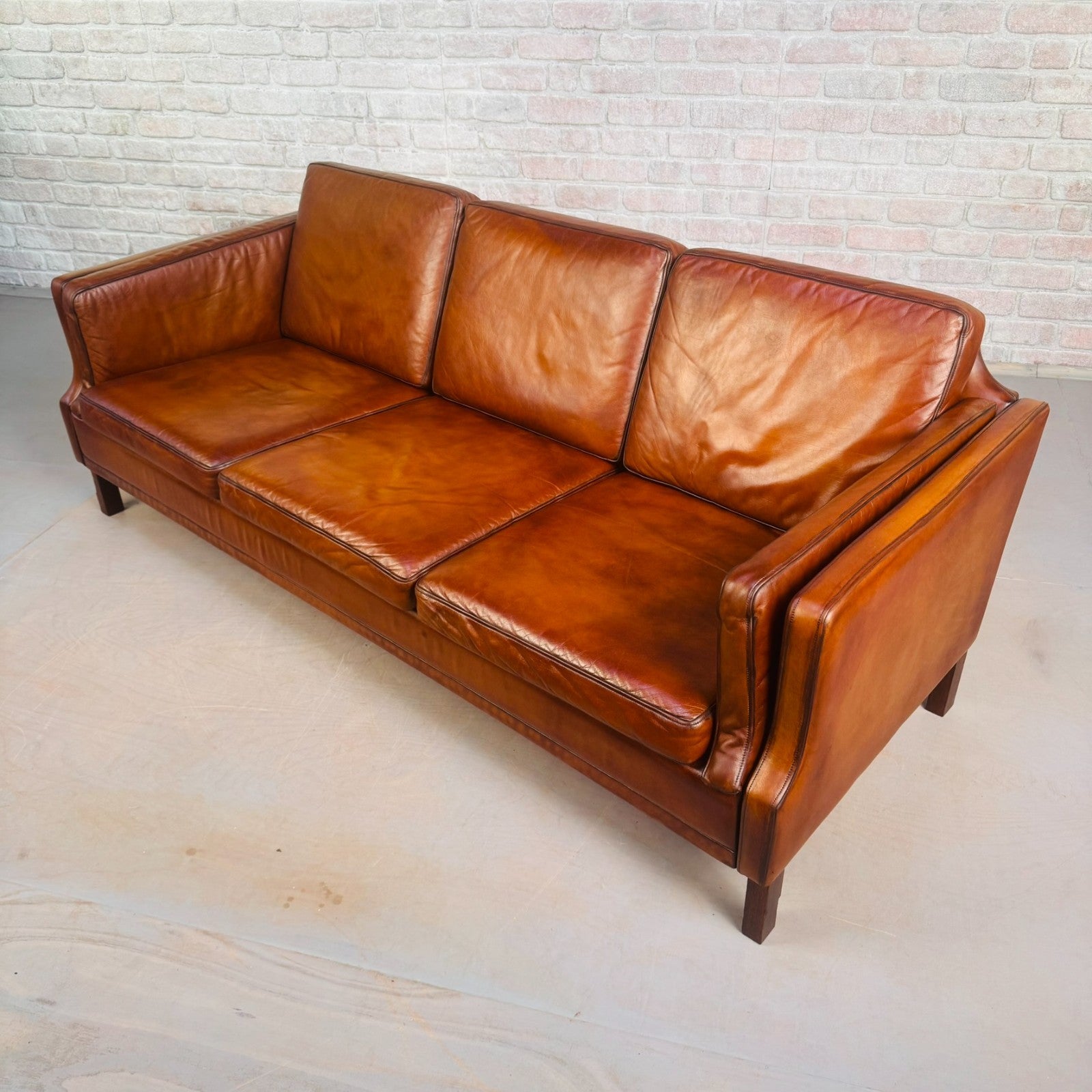 Elegant Vintage Danish 1970s Mogens Hansen Three Seater Tan Leather Sofa