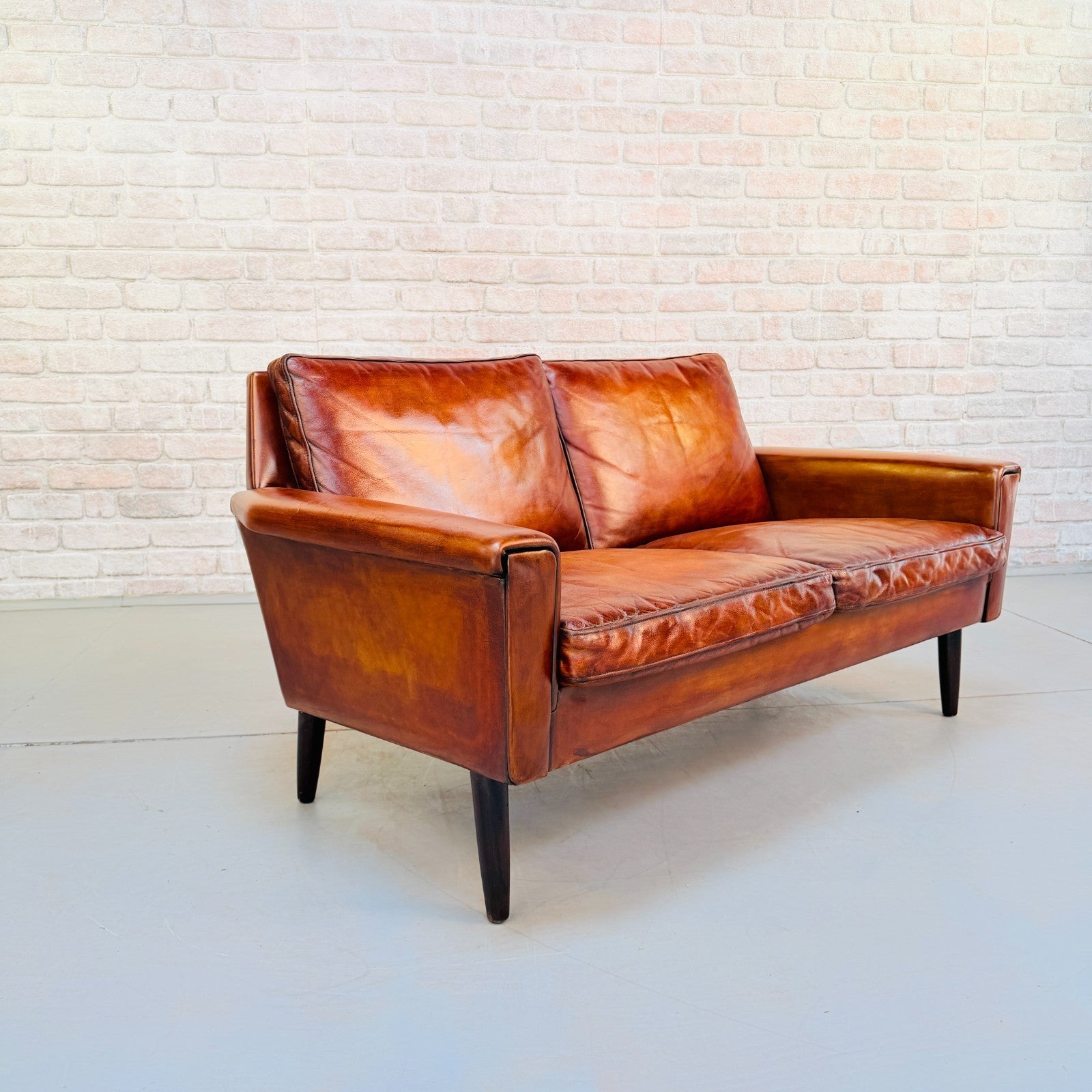 Vintage 1970s George Thams Tan Leather 2 Seater Sofa Hand Dyed Patina