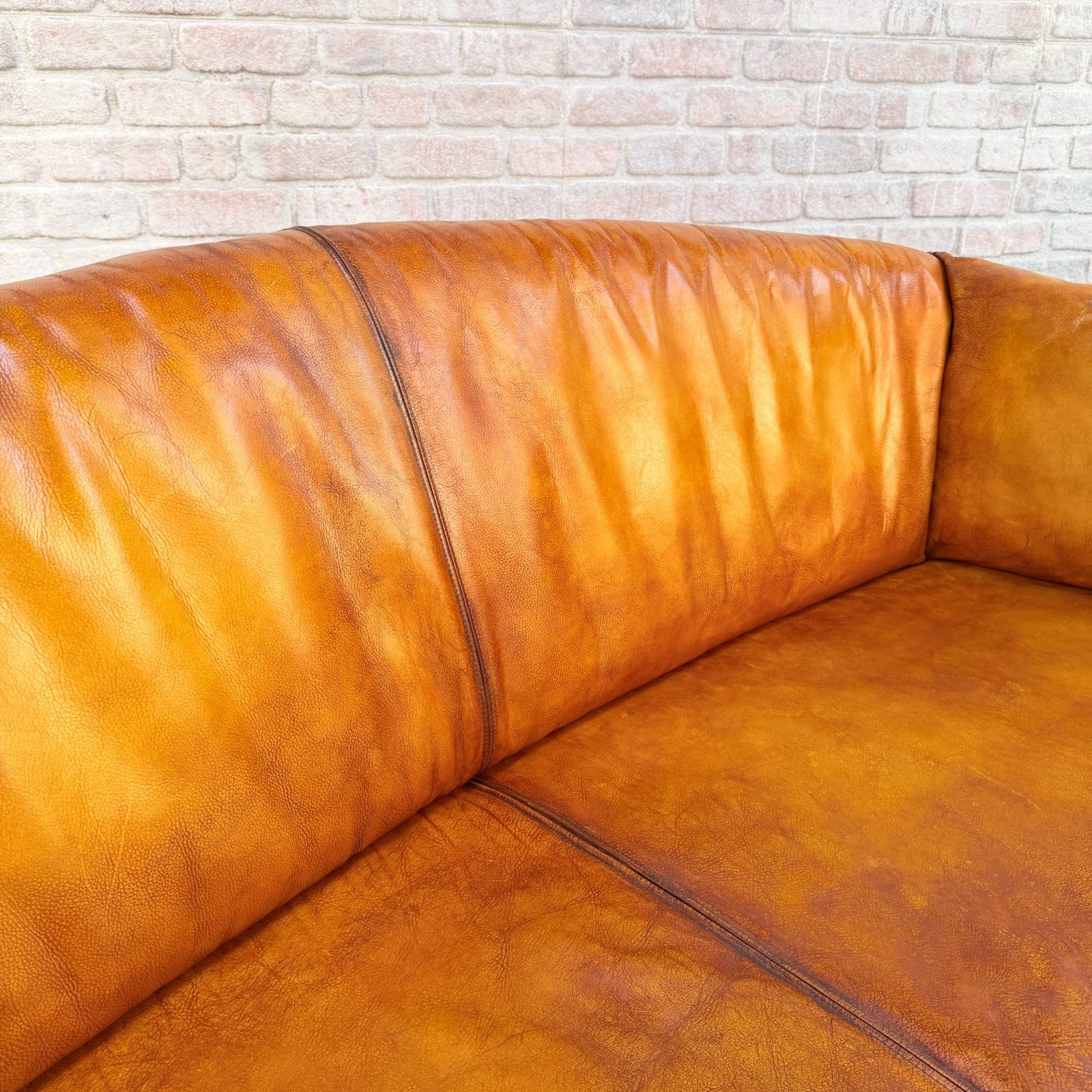 Vintage Mogens Hansen Danish Light Tan Leather 2.5 Seater Sofa Patina