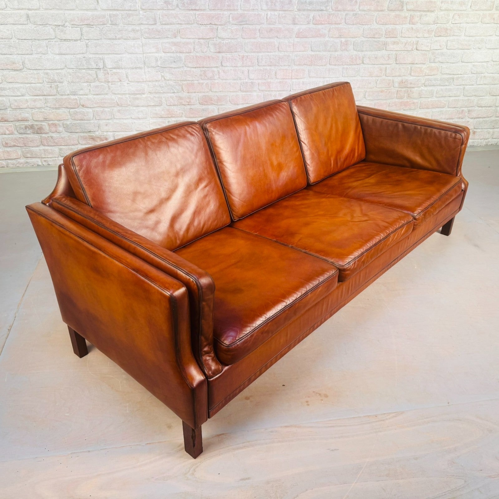 Elegant Vintage Danish 1970s Mogens Hansen Three Seater Tan Leather Sofa