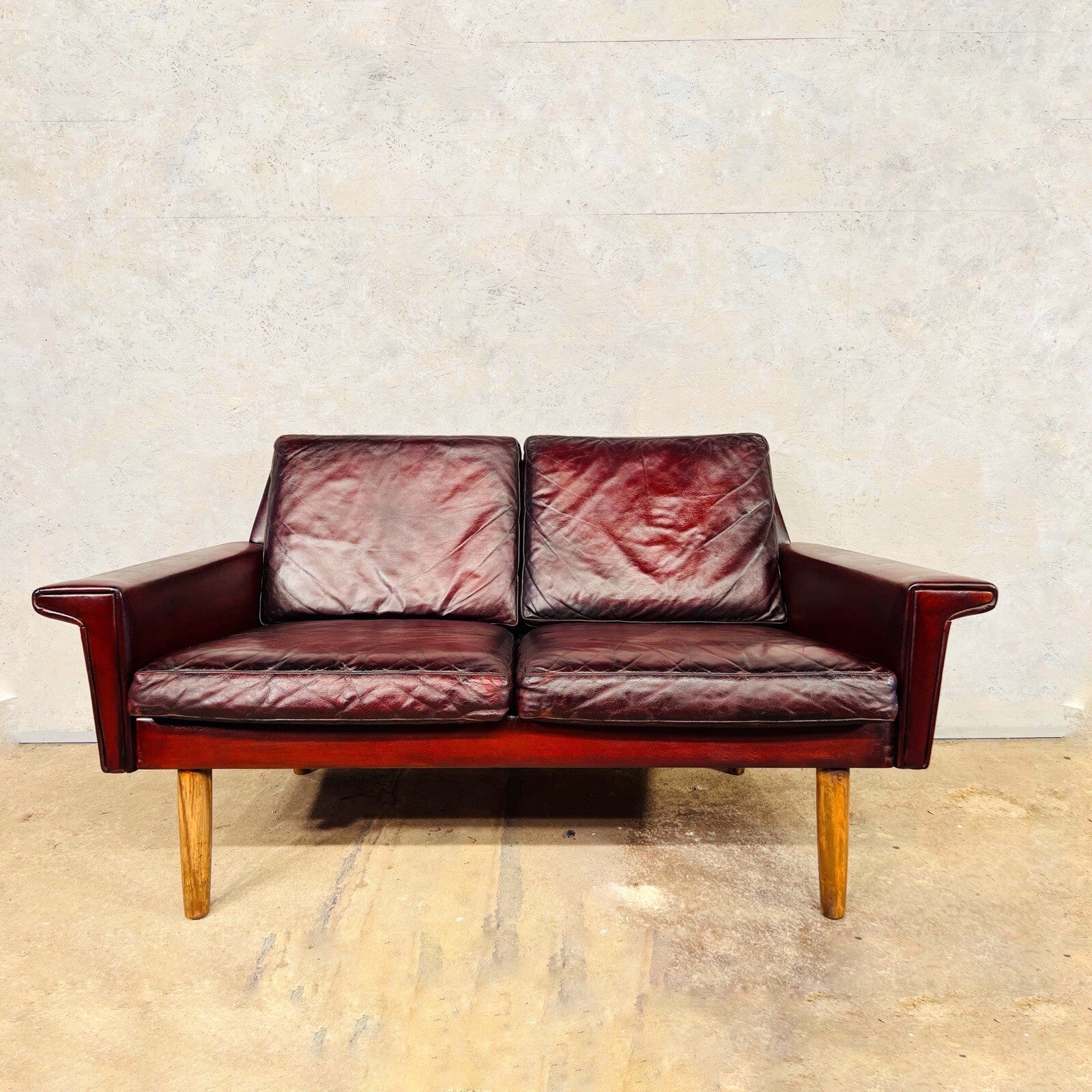 Vintage Svend Skipper Danish 1970 Deep Cherry Leather Two-Seater Leather Sofa