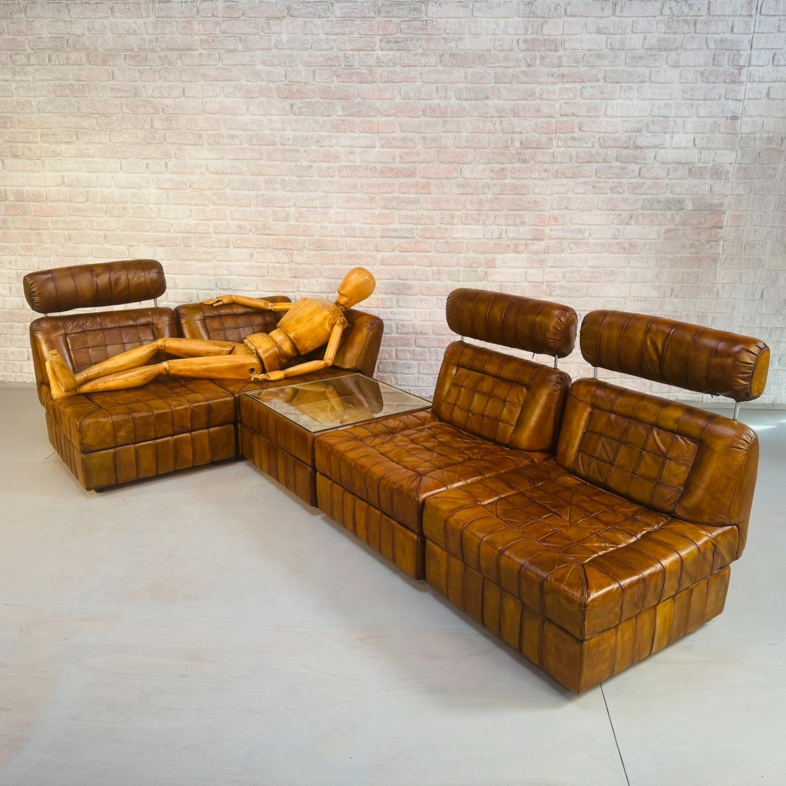 Rare Percival Lafer 60s Modular Sofa 4 Sections & Glass Top Table Tan Leather