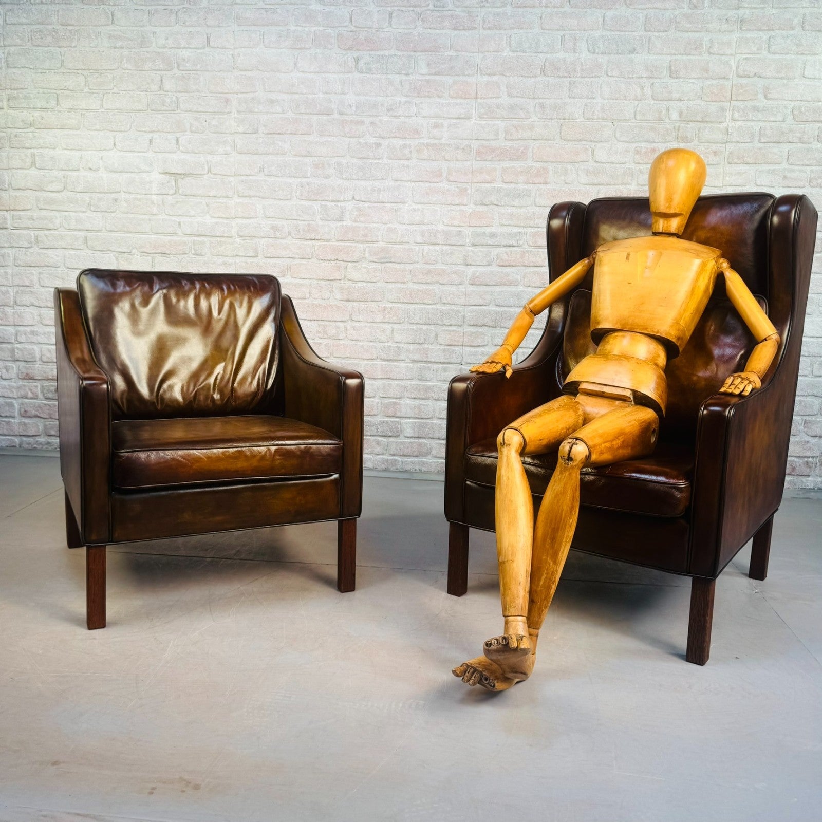 Vintage Danish His & Hers High Back Leather Chairs Pair Light Brown Armchairs
