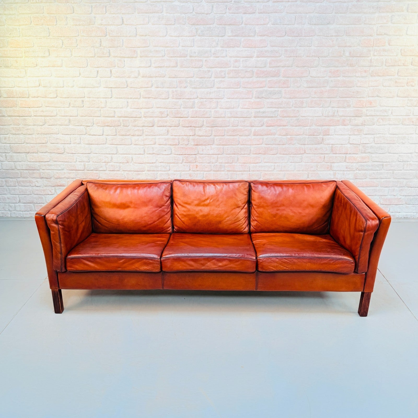 Vintage Danish Tan Hand-Dyed Leather Three Seater Sofa