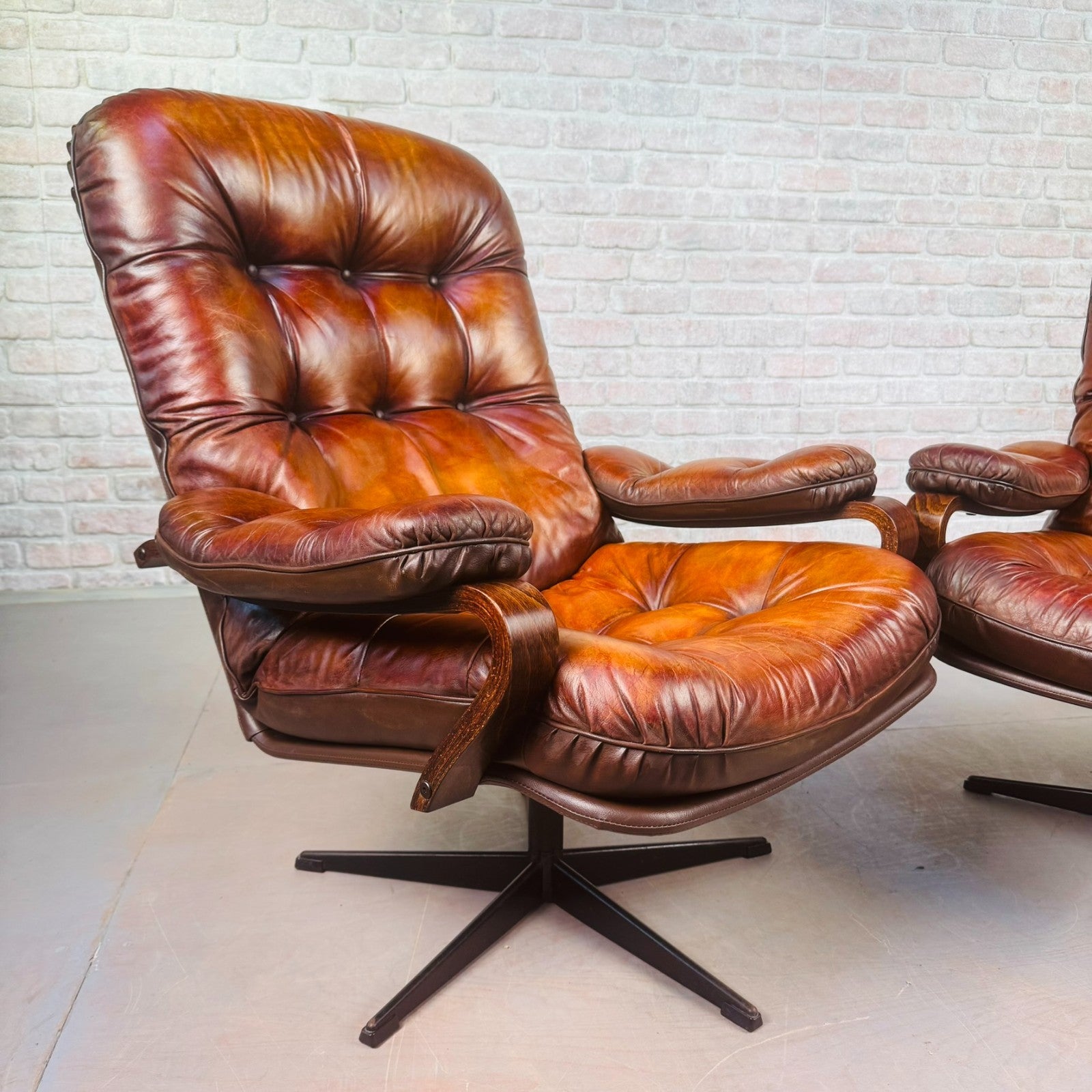 Pair of Vintage Danish Tan Leather Swivel Chairs Stylish