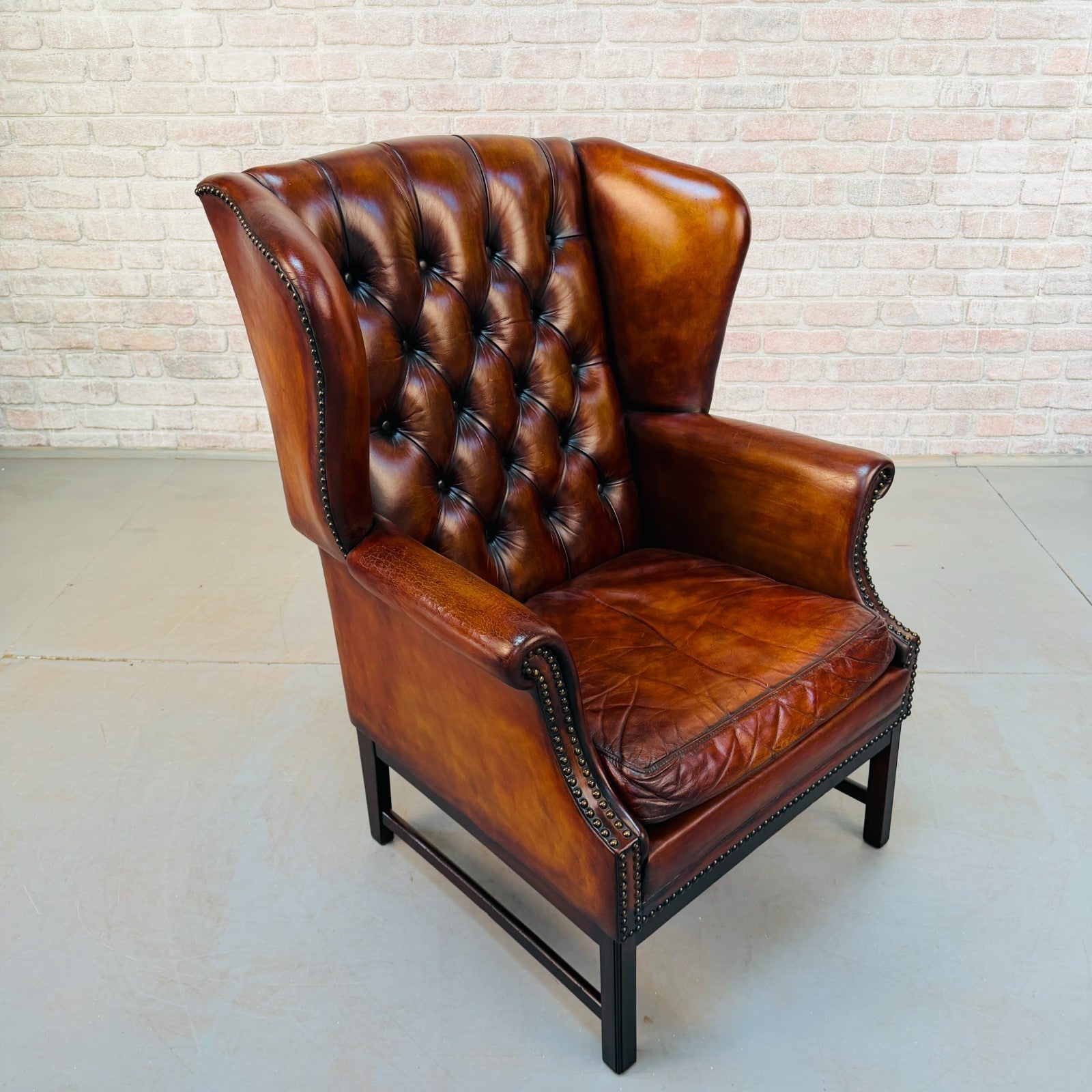 Vintage Danish Tan Hand-Dyed Leather Wingback Chair