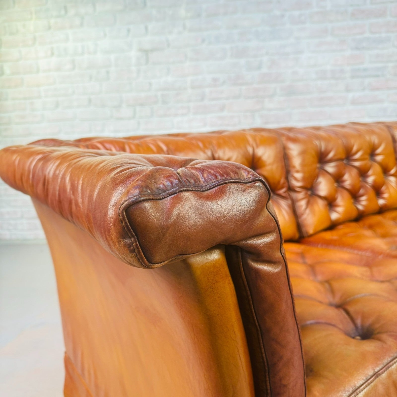 Vintage Danish Tan Leather Three Seater Sofa Fully Buttoned