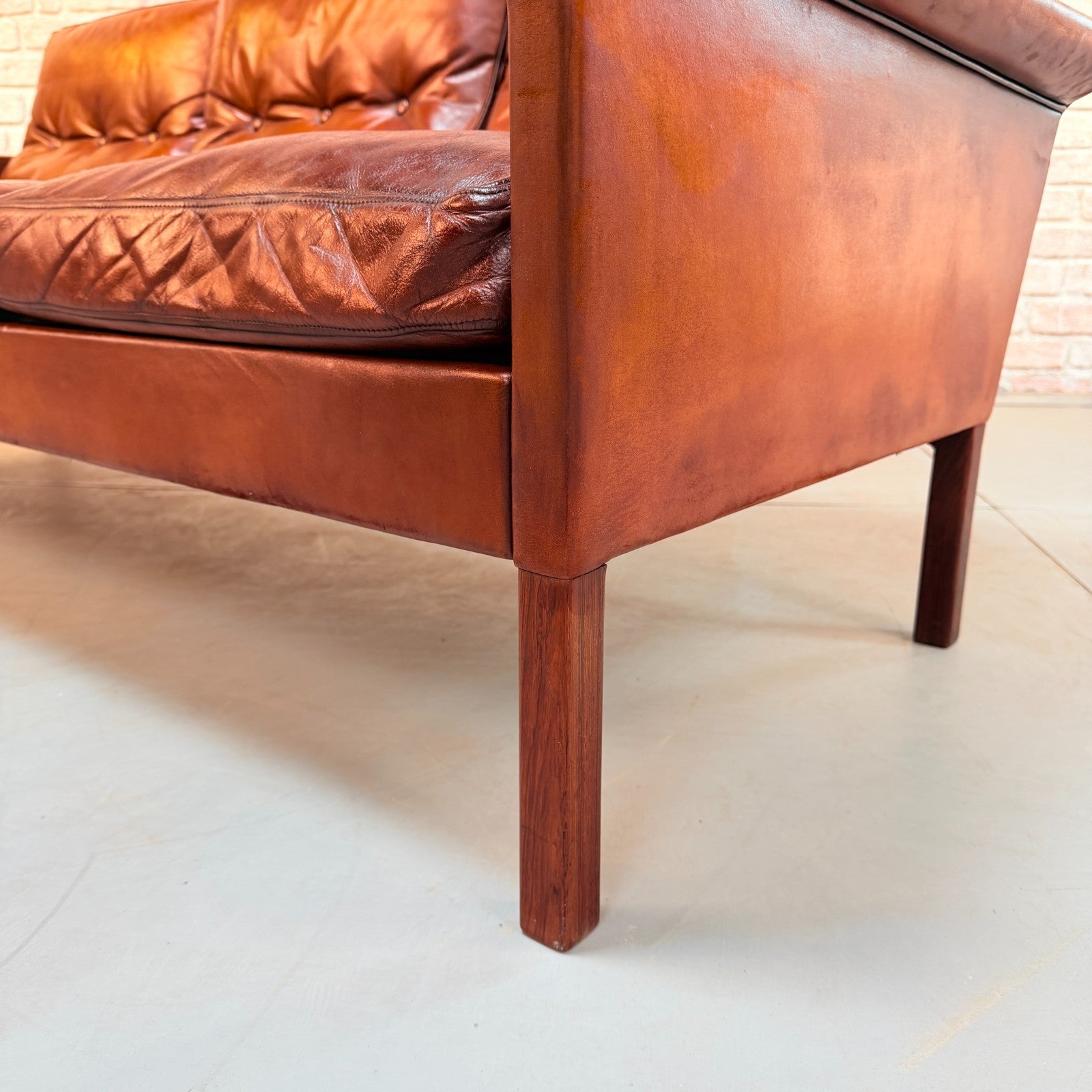 Vintage 1960s Danish Hans Olsen Brown Hand-Dyed Leather Three Seater Sofa