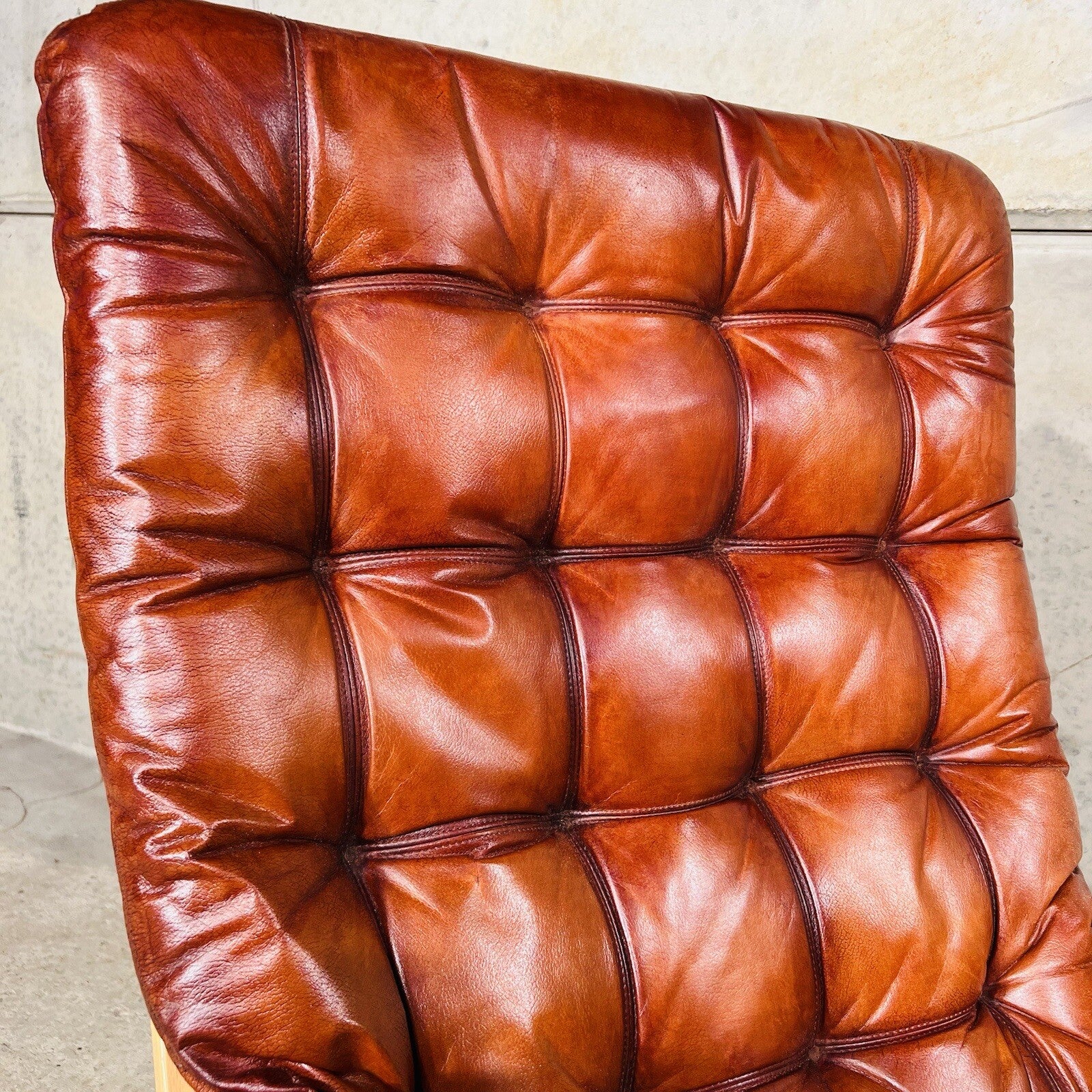 Wide Back Vintage 1970s Danish Cognac Leather Birch Bentwood Pair of Chairs