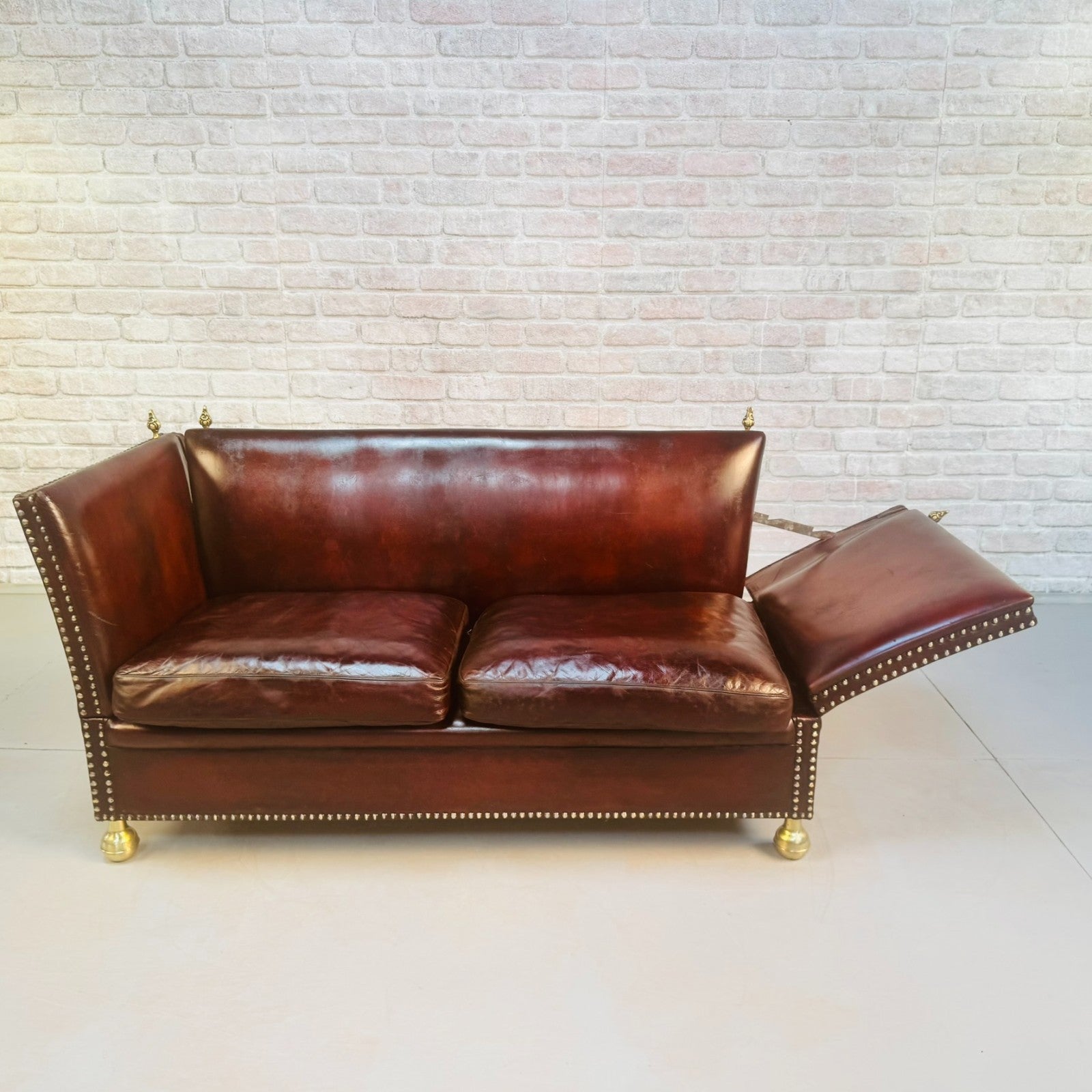Vintage Danish Knole Style Two Seater Chestnut Brown Leather Sofa