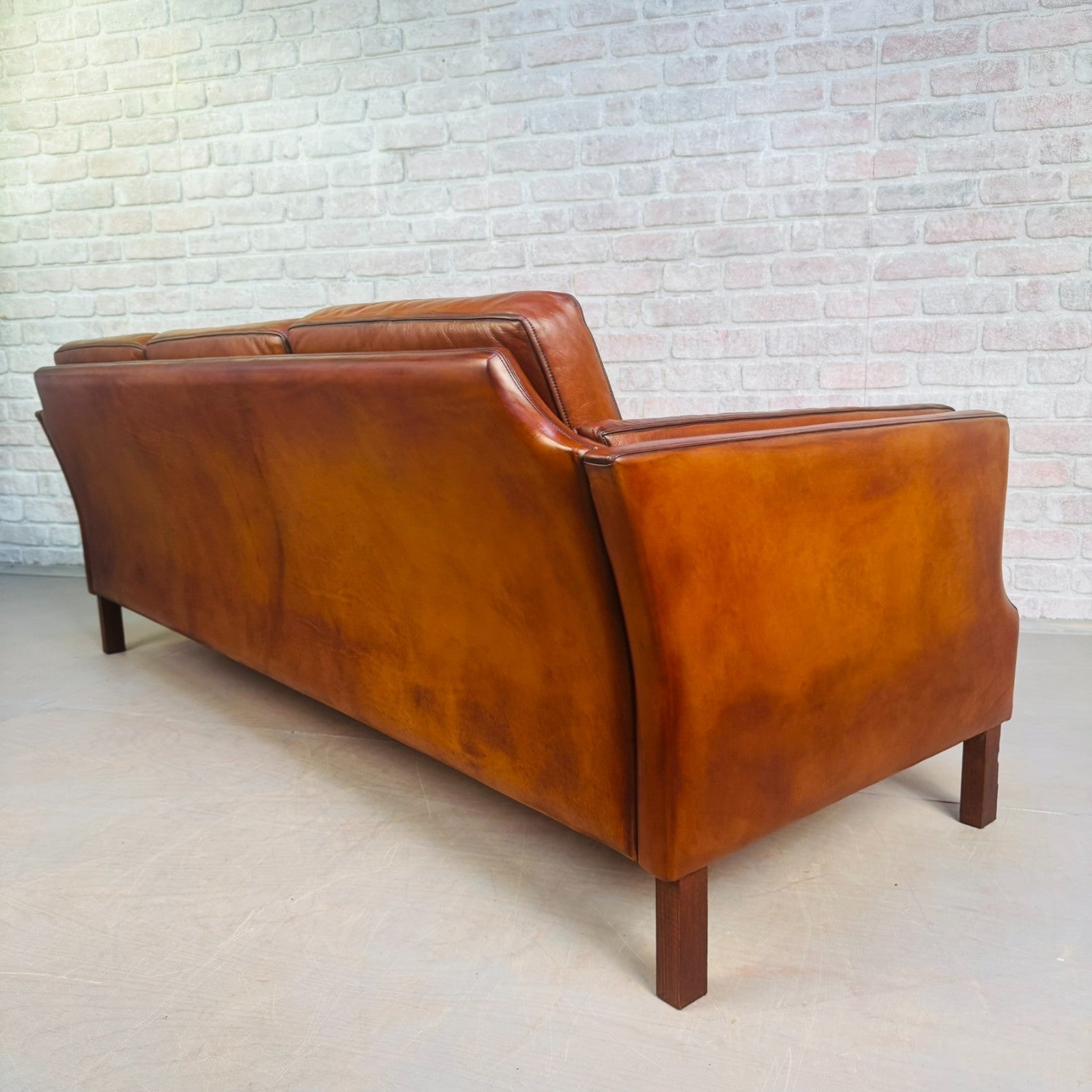 Elegant Vintage Danish 1970s Mogens Hansen Three Seater Tan Leather Sofa