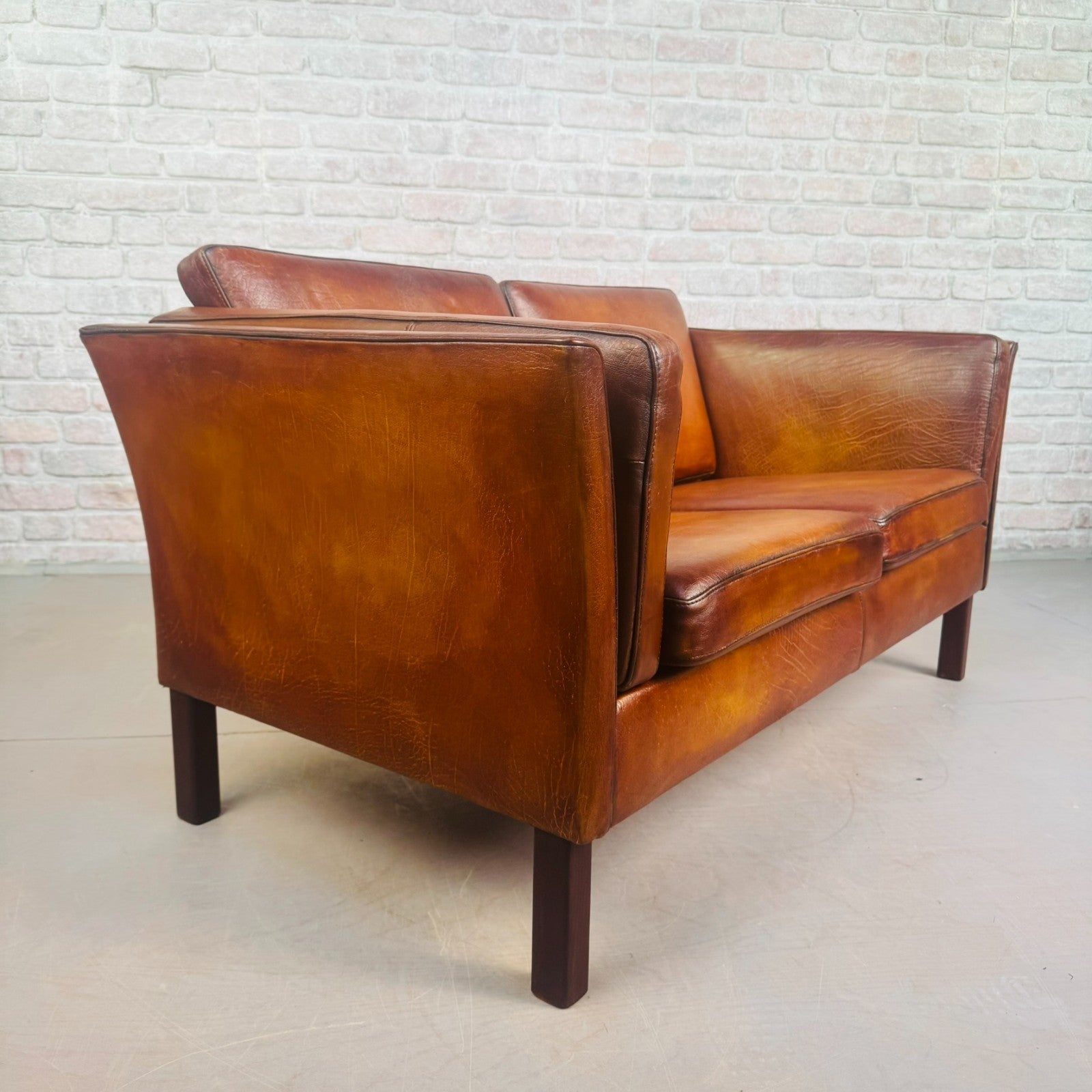 Vintage Danish Tan Leather 2 Seater Sofa Compact Mid Century Space Saver