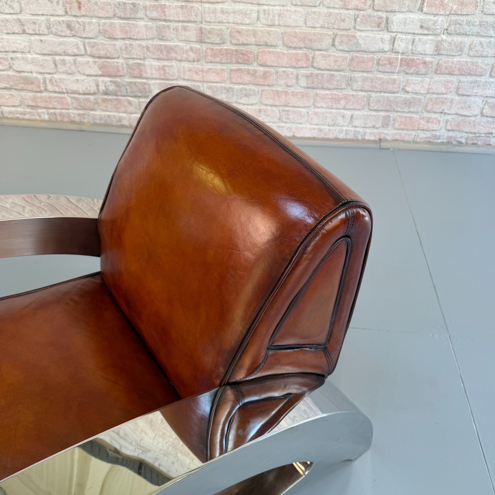 Stunning Pair of Vintage Art Deco Chrome Aviator Heritage Brown Leather Armchair