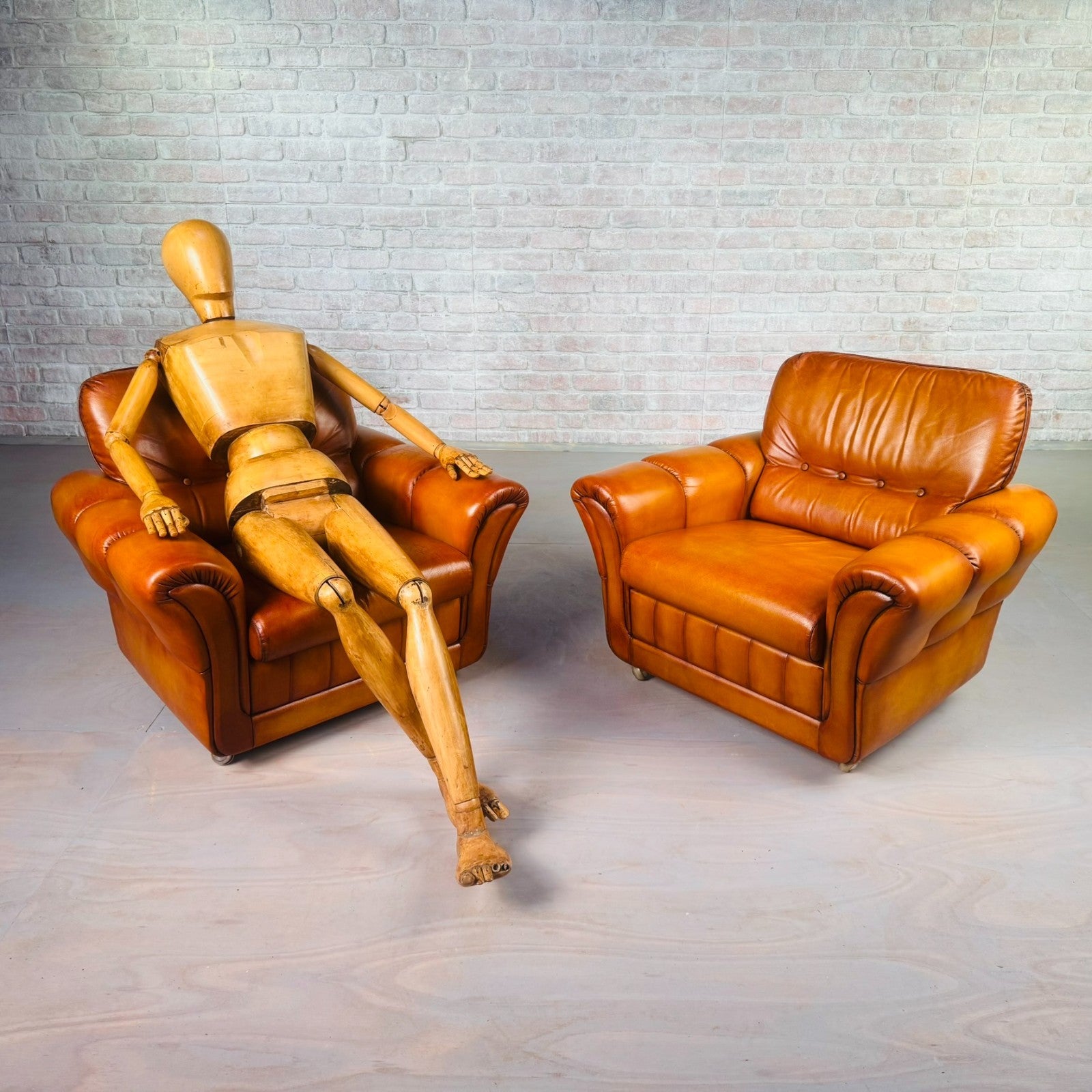 Pair of Vintage Danish Cognac Leather Armchairs – Hand-Dyed Patina