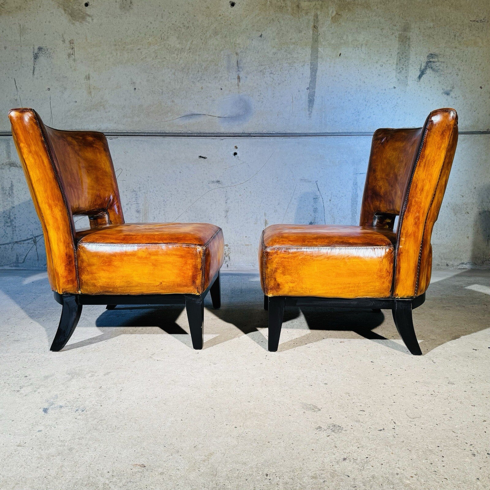 Pair of Vintage Andrew Martin Oversized Leather Chairs Hand-Dyed Light Tan