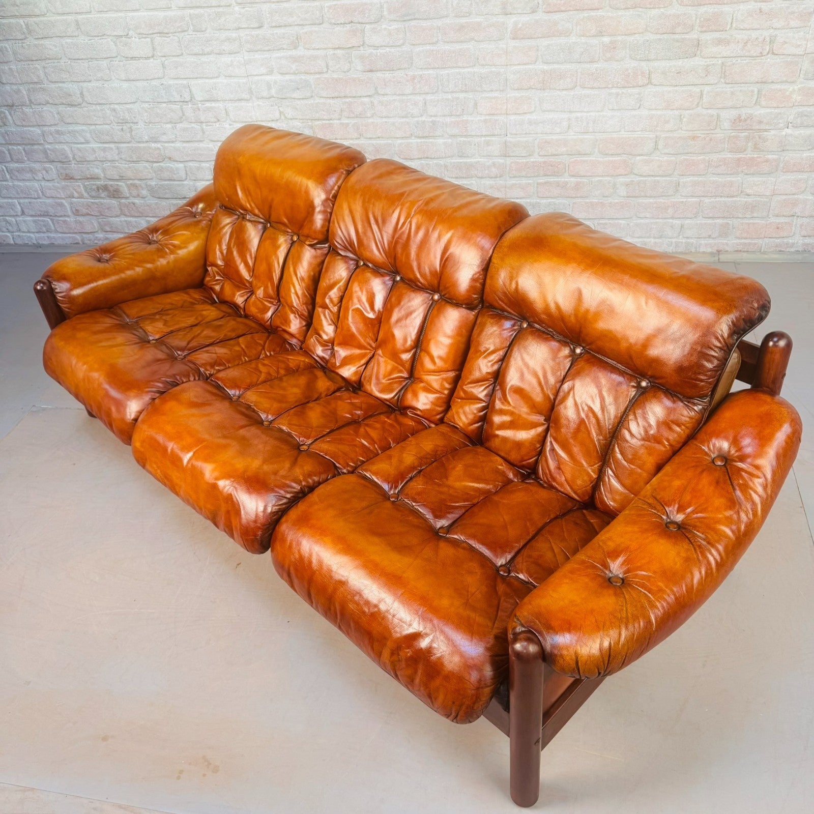 Long Vintage Swedish Tan Leather Three Seater Sofa