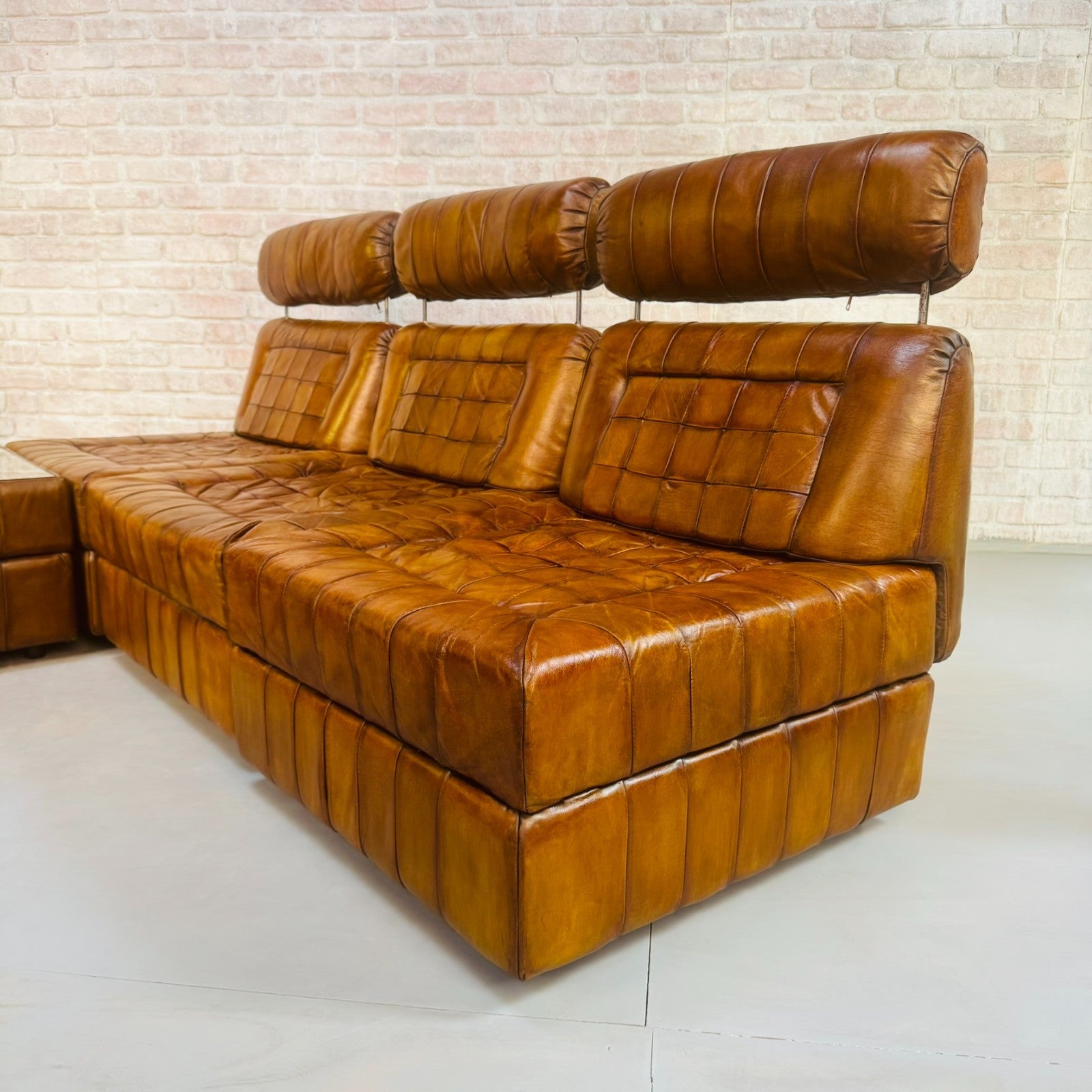 Rare Percival Lafer 60s Modular Sofa 4 Sections & Glass Top Table Tan Leather