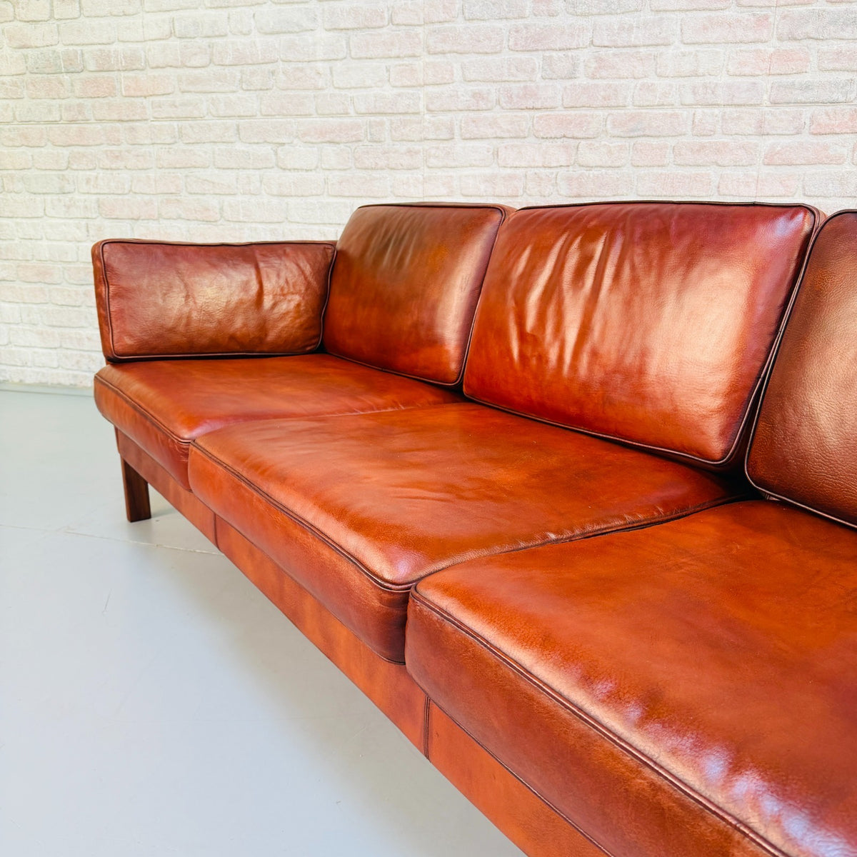 1970s Vintage Danish Tan Cognac Leather 3 Seater Sofa – Hand Dyed Patina