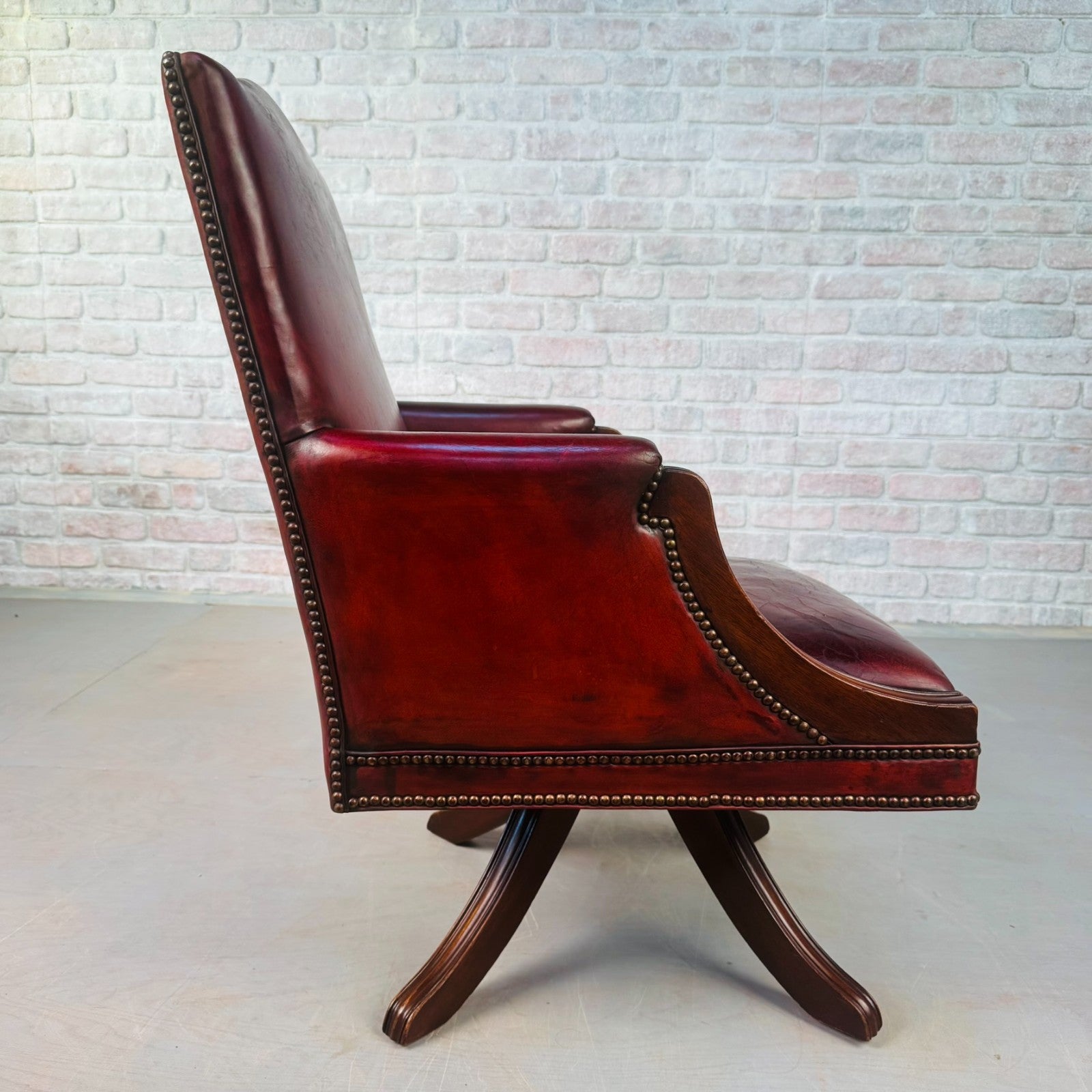 English Vintage Deep Red Leather Swivel Office Desk Chair