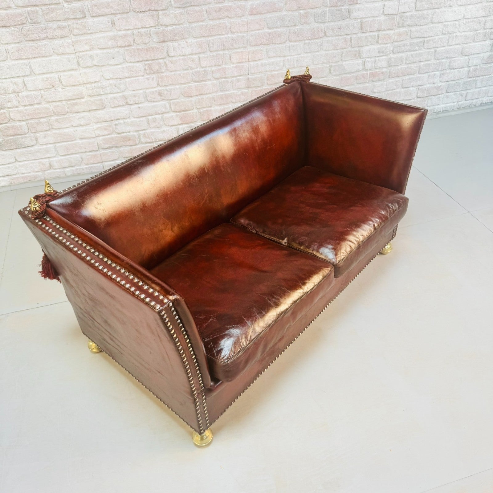 Vintage Danish Knole Style Two Seater Chestnut Brown Leather Sofa
