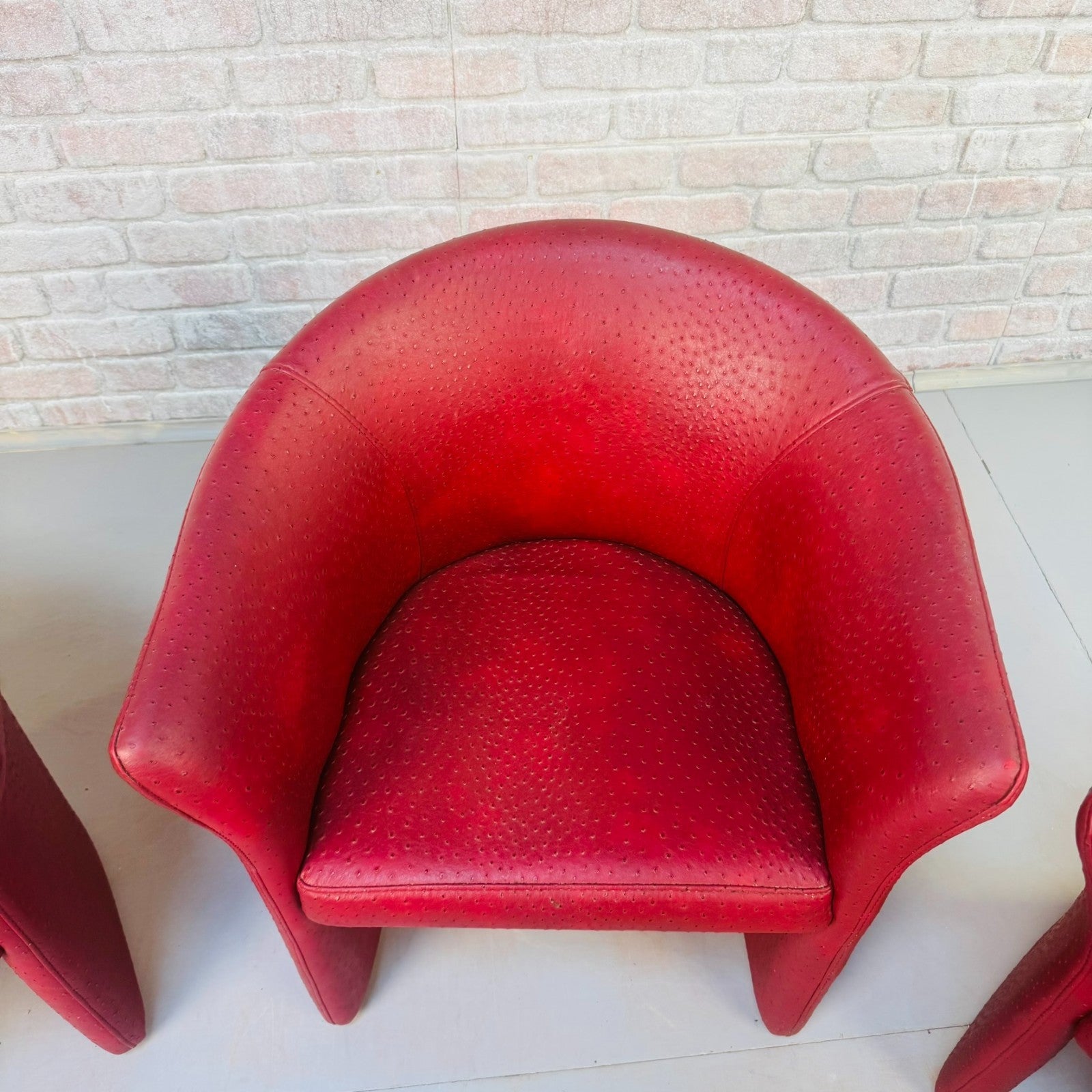 Set of Vintage Italian Red Faux Ostrich Leather Tub Chairs