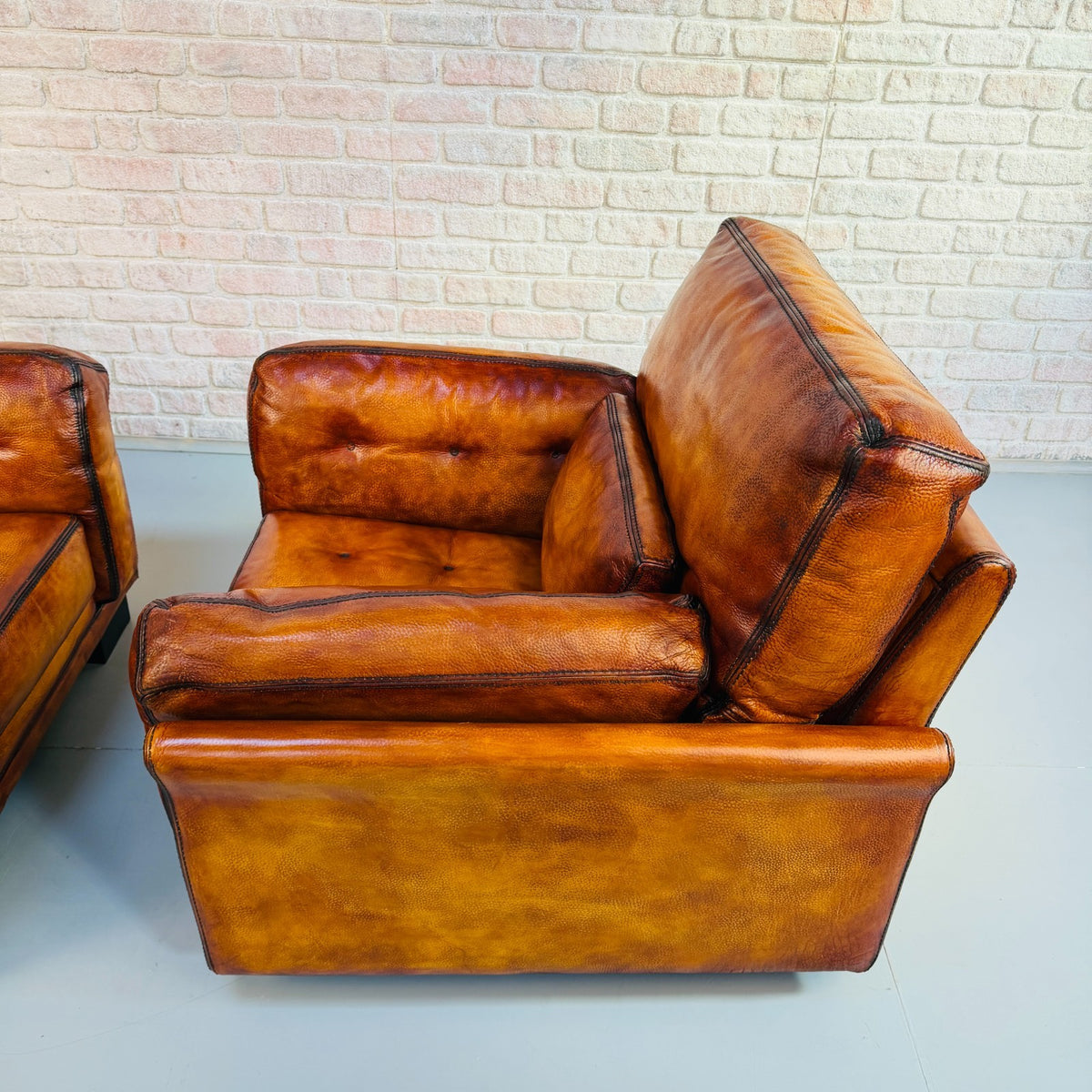 Huge Pair Vintage Roche Bobois Hand Dyed Tan Leather Armchairs