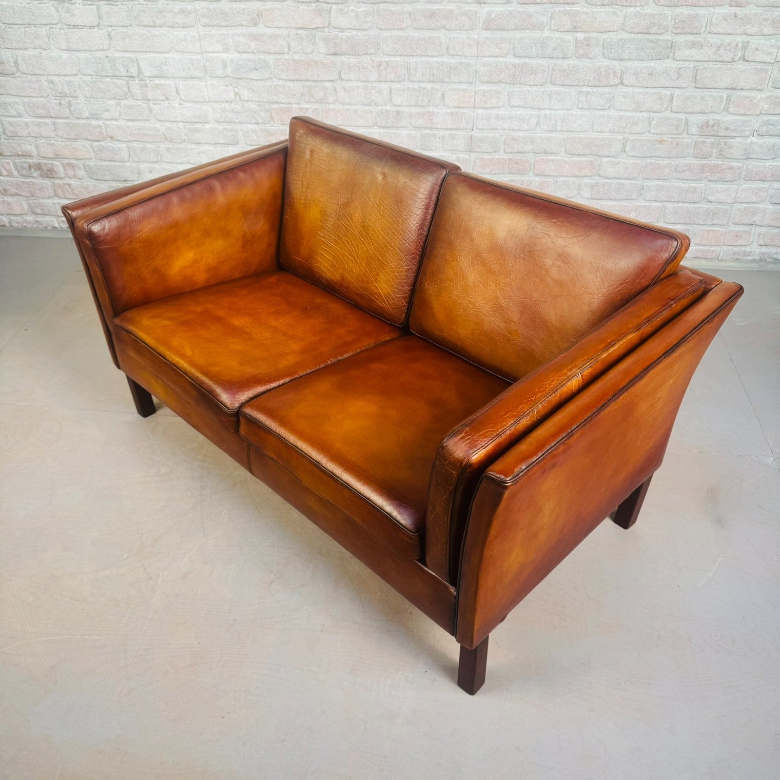 Vintage Danish Tan Leather 2 Seater Sofa Compact Mid Century Space Saver