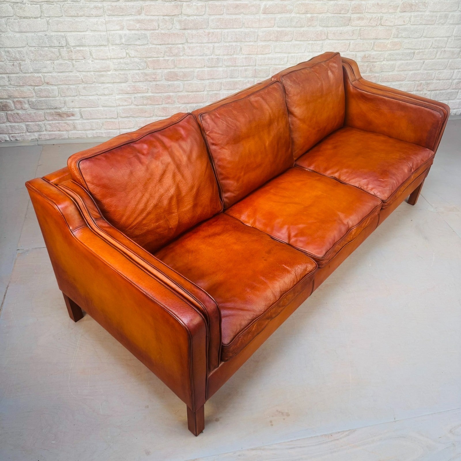 Vintage Danish Børge Mogensen Style Cognac Leather Three Seater Sofa