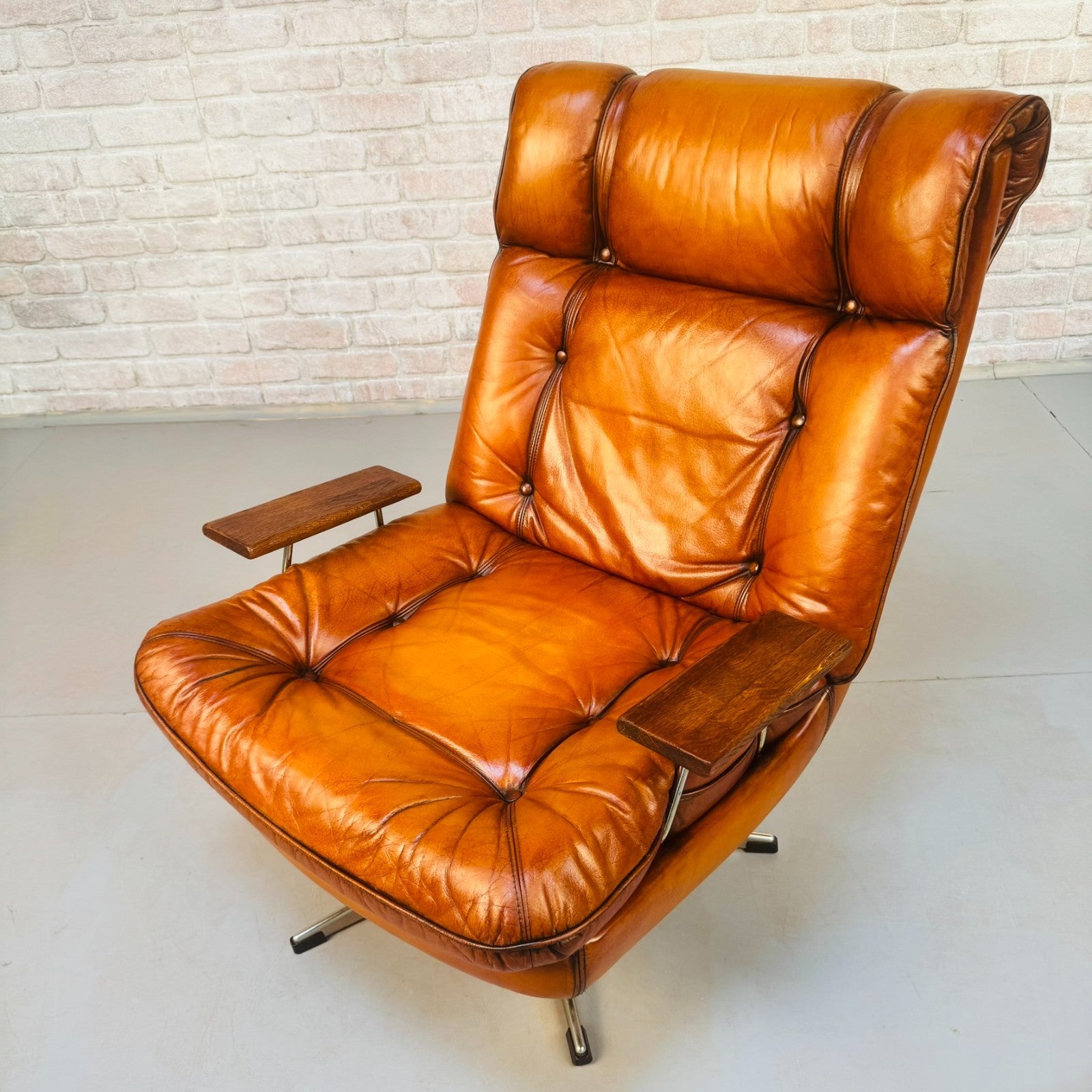 Vintage Danish Swivel Armchair Hand Dyed Tan Leather | Scandinavian Lounge