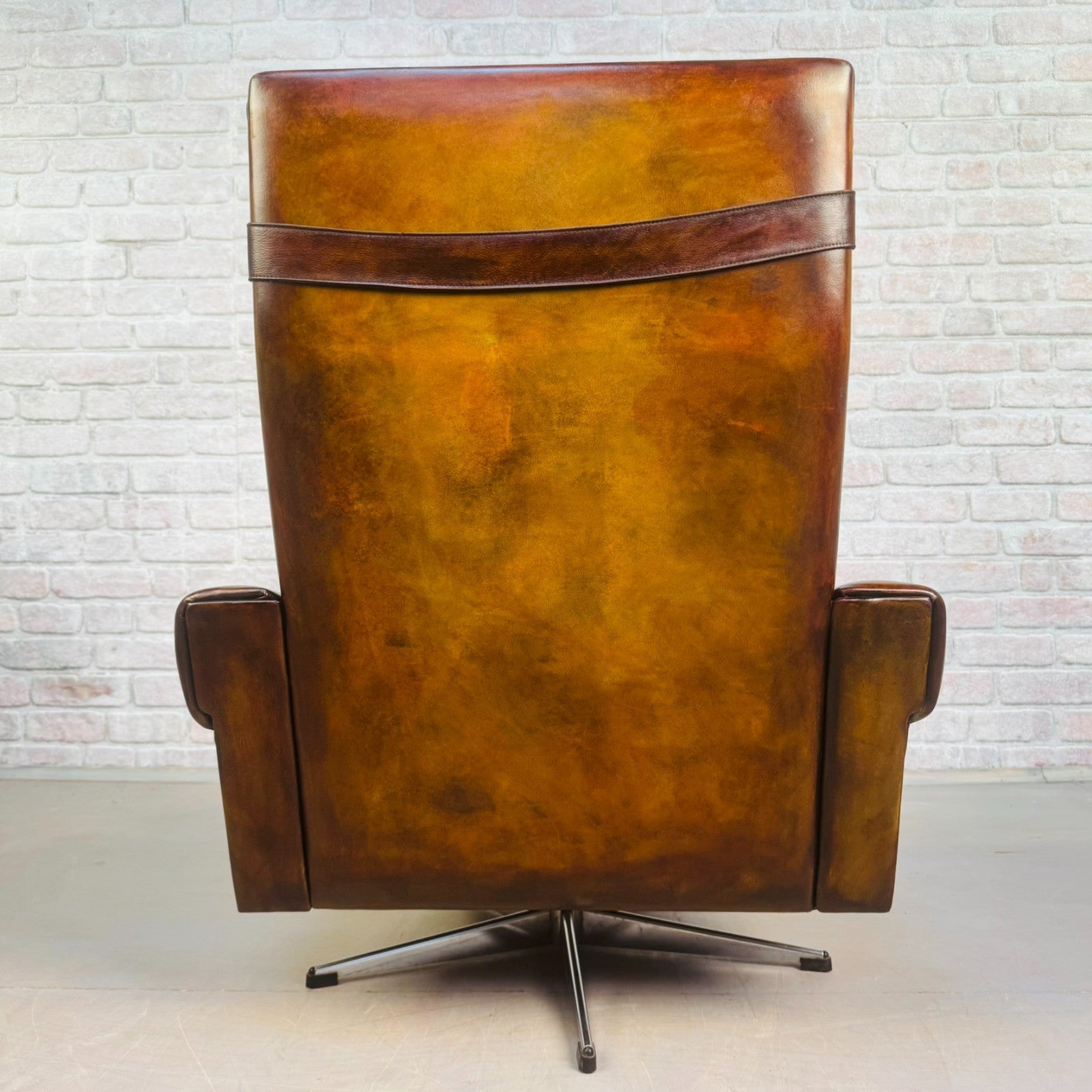 Vintage 1970s Danish Tan Leather Swivel Chair Mid Century Armchair