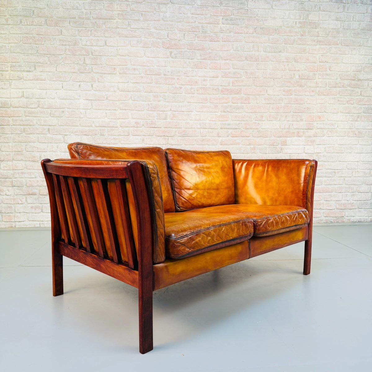 Vintage Danish Tan Leather 2 Seater Sofa – Hand Dyed Beautiful Patina