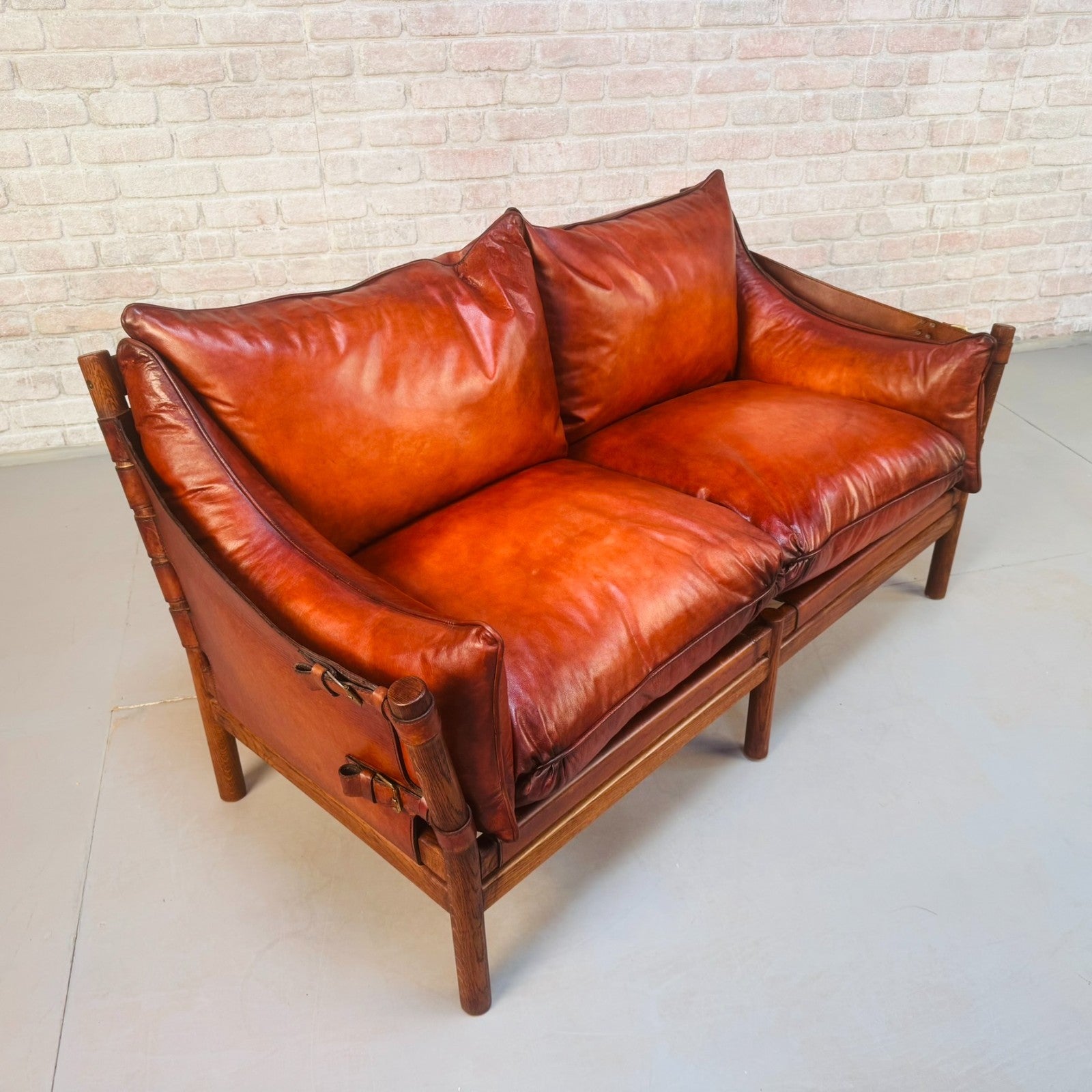 Vintage Swedish 60s Arne Norell “Ilona” Tan Leather Sofa & Pair of Safari Chairs