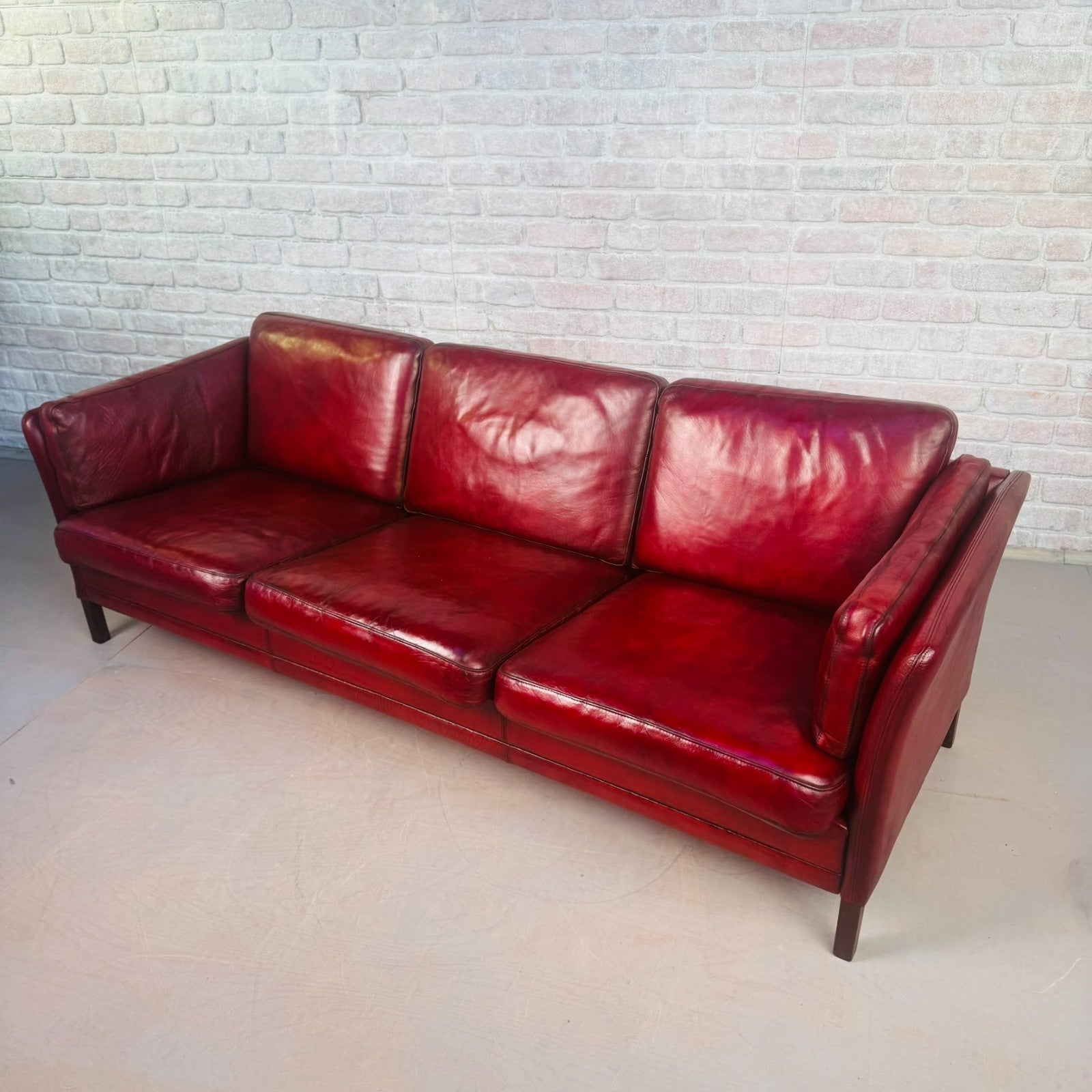Vintage 1970s Mogens Hansen Danish Red Leather Three-Seater Sofa Mid Century