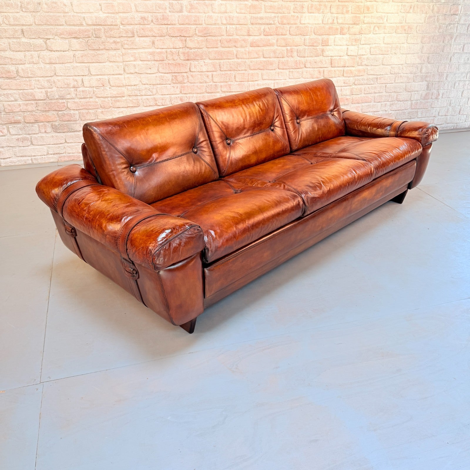 Vintage Svend Skippers Danish Tan Leather 3 Seater Sofa Hand Dyed Patina