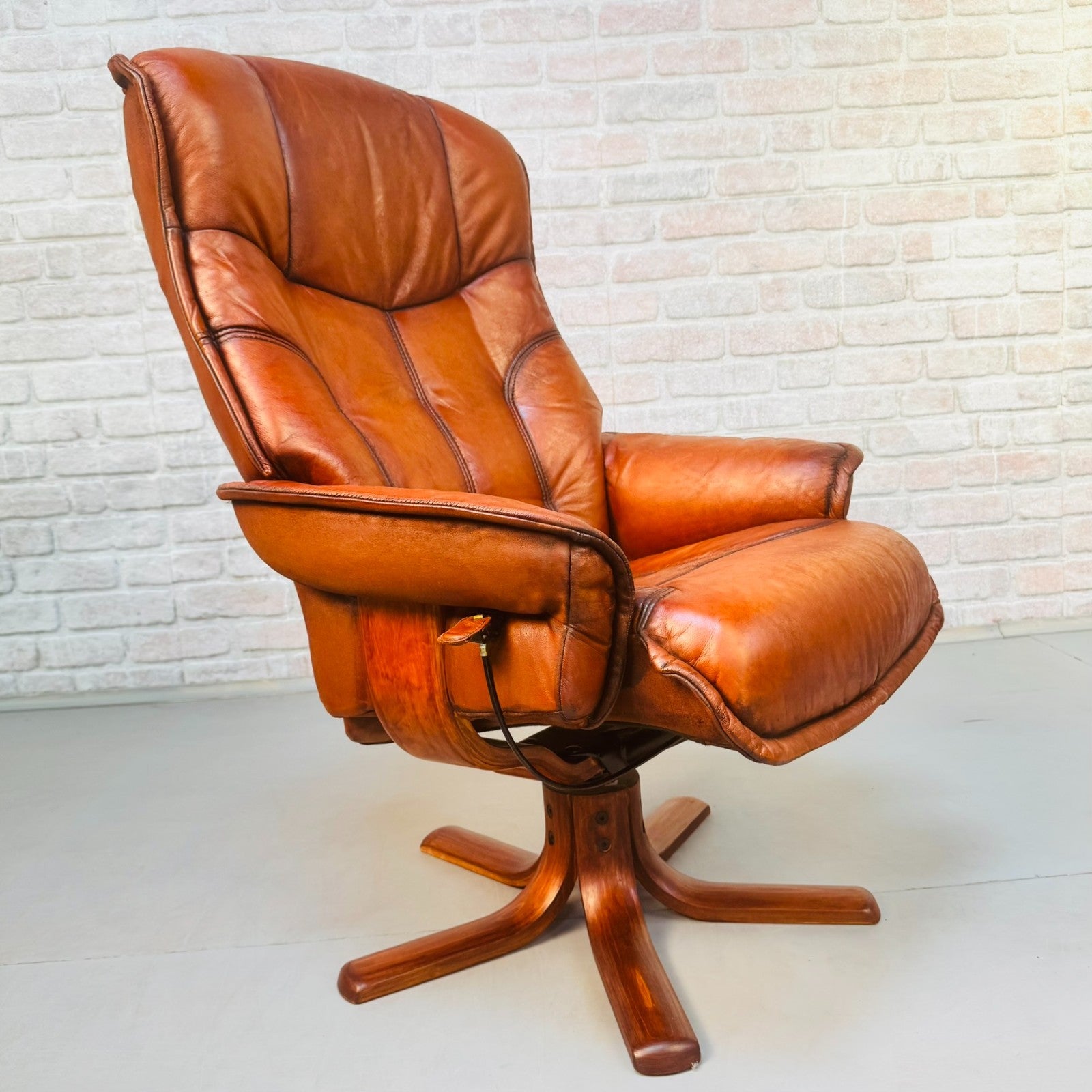 Vintage Danish Reclining Swivel Chair & Footstool | Hand Dyed Tan Leather