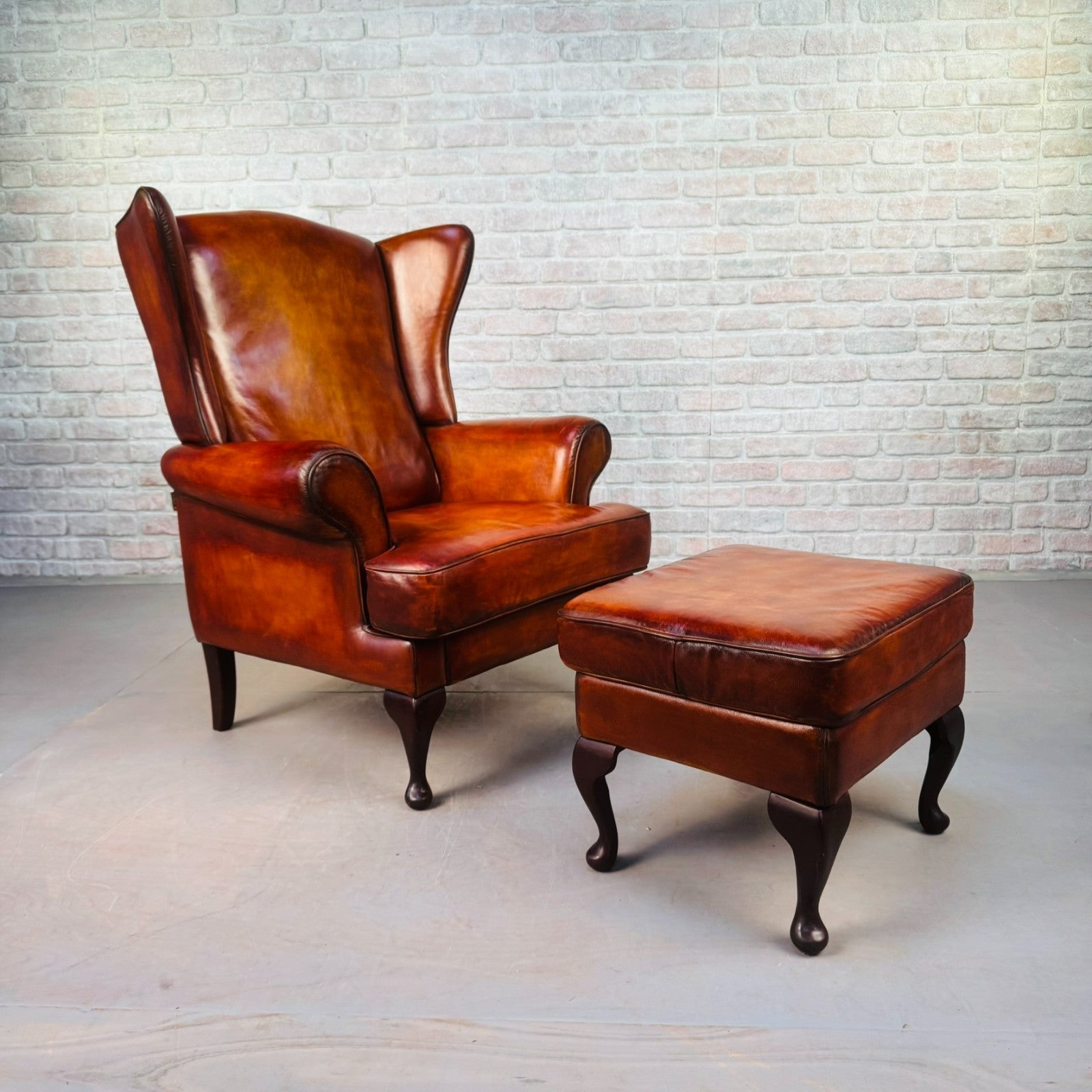 Vintage Danish Wingback Tan Leather Chair & Footstool
