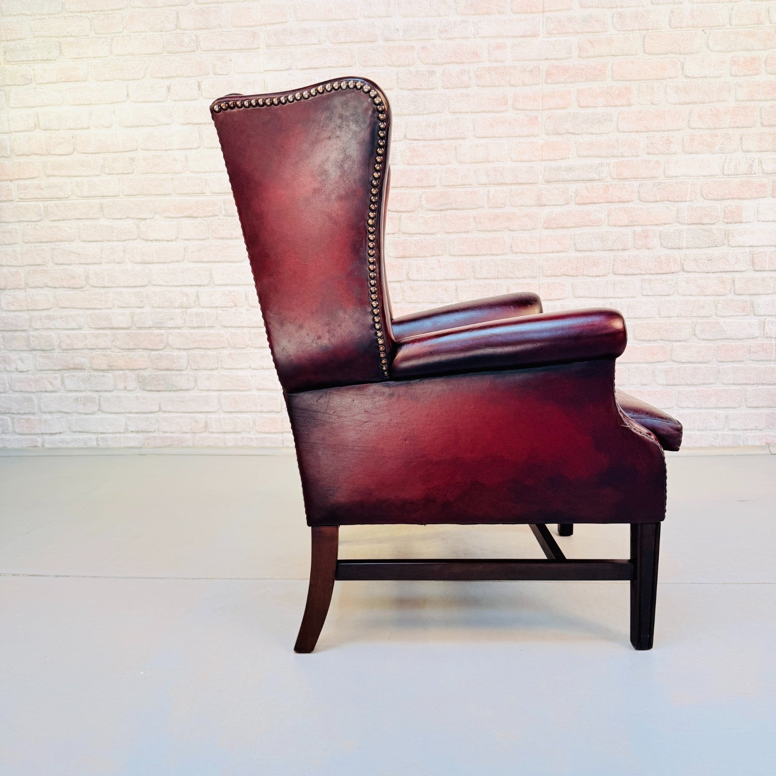 Vintage Danish Deep Red Leather Wingback Chair Hand Dyed Chestnut Patina