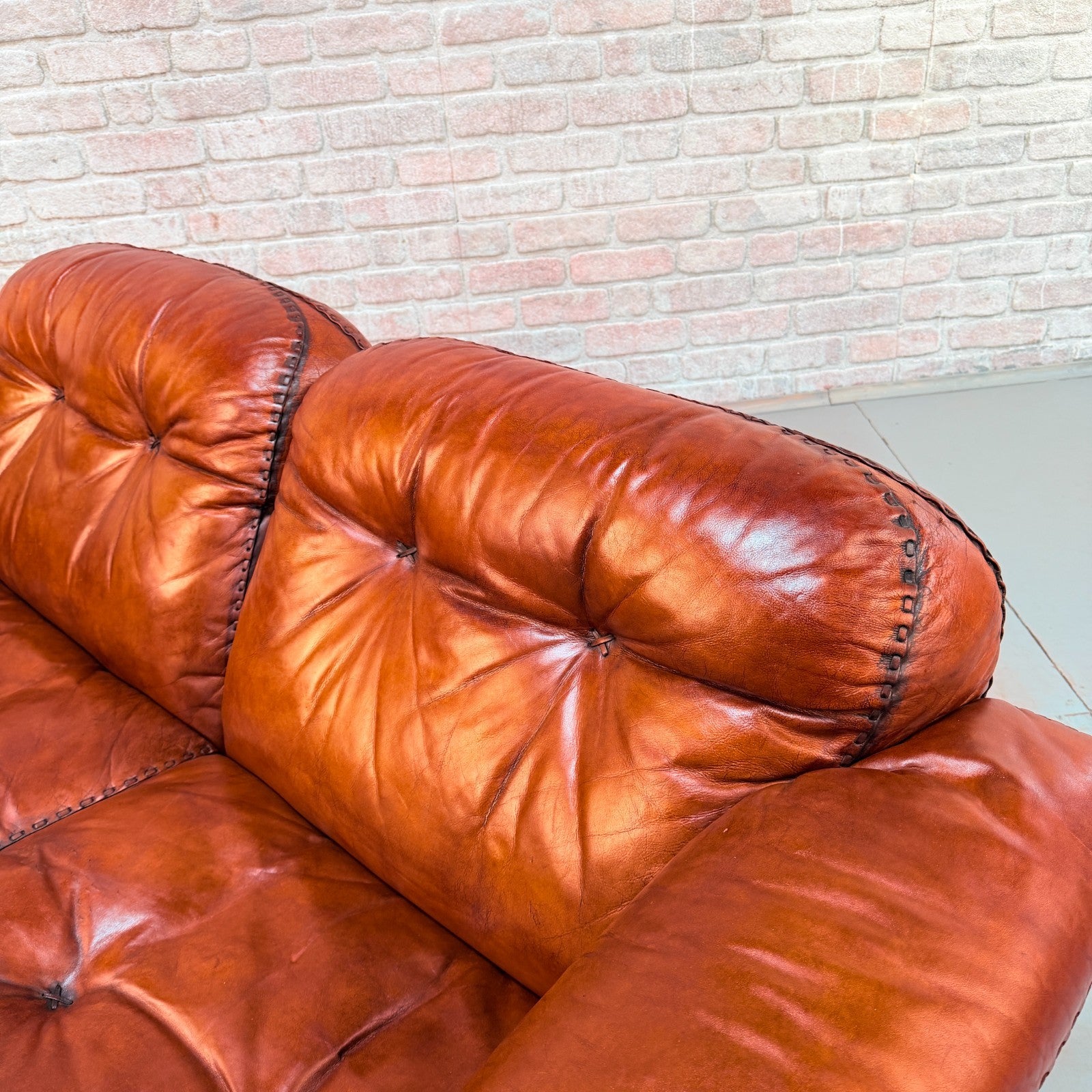 Vintage 70s De Sede DS-101 Two Seater Sofa & Footstool Cognac Leather Switzerlan