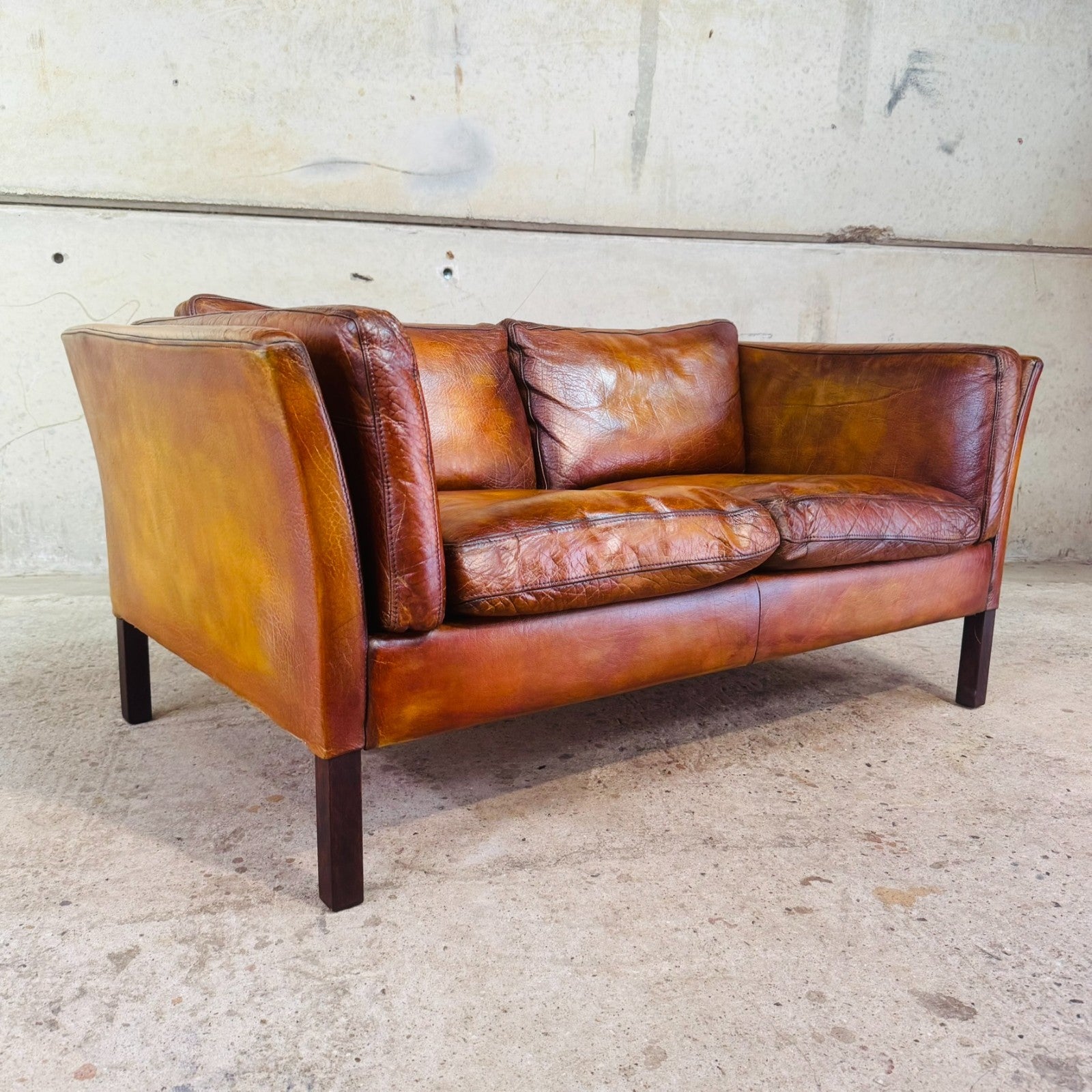 Vintage 1970s Danish Tan Leather Two-Seater Sofa