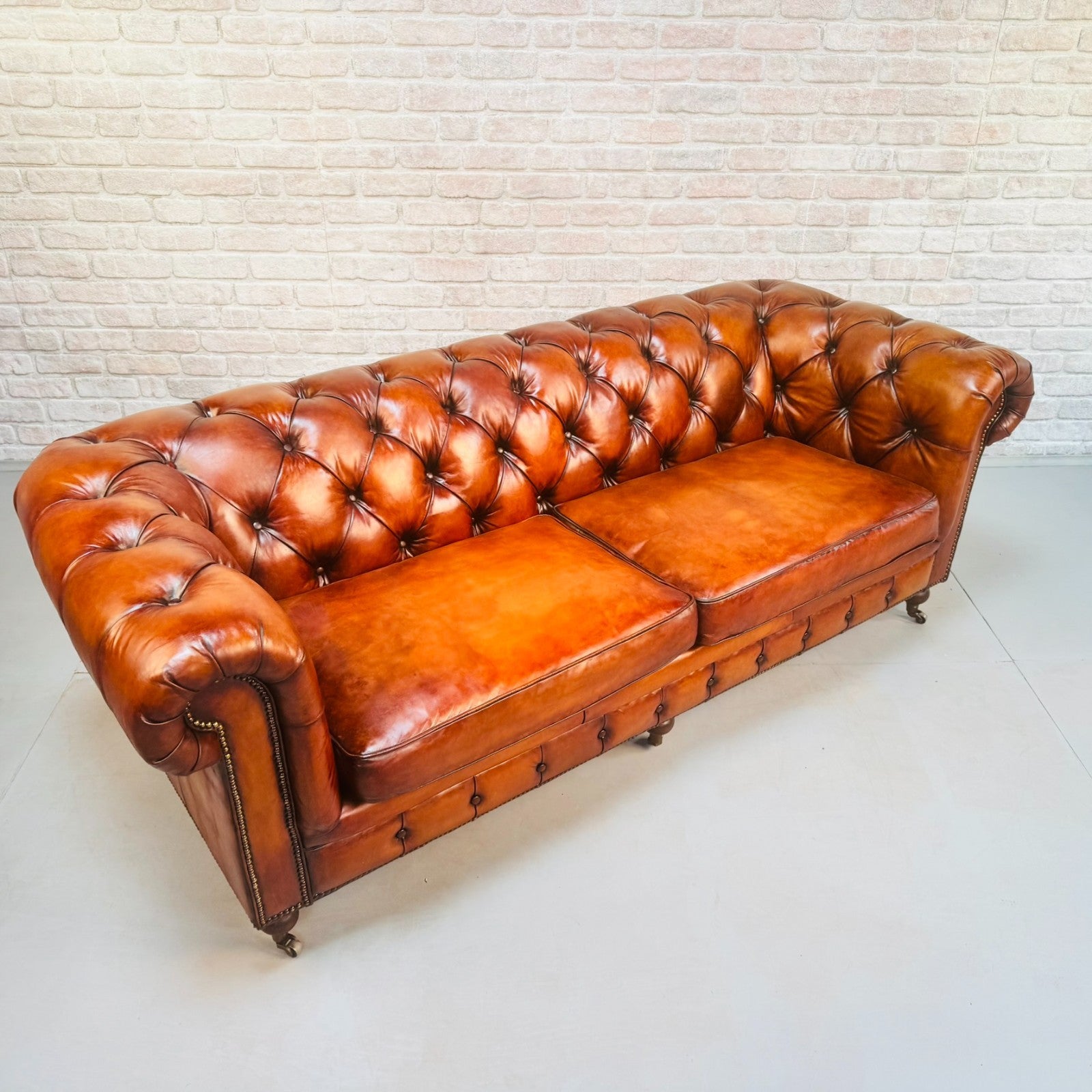 Vintage English Three Seater Tan Leather Chesterfield Sofa