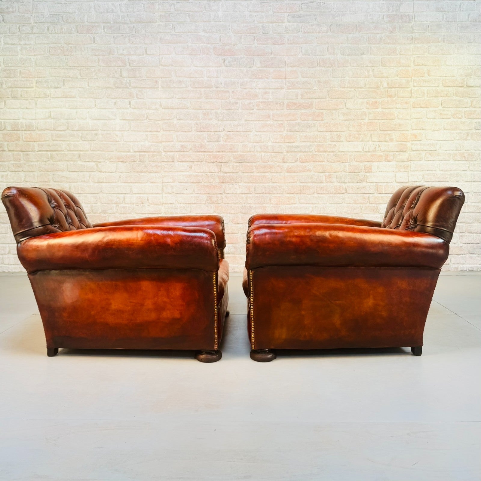 Pair 1920s English Cognac Leather Club Chairs Deep Seated Armchairs