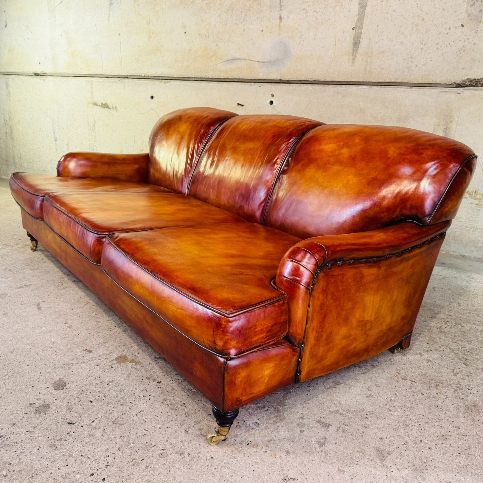 Vintage English Howard & Sons Bridgewater-Style 3-Seater Tan Leather Sofa