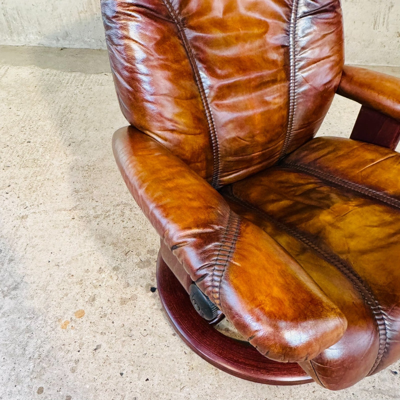 Vintage Ekornes Tan Leather Swivel Recliner Chair — Compact Design