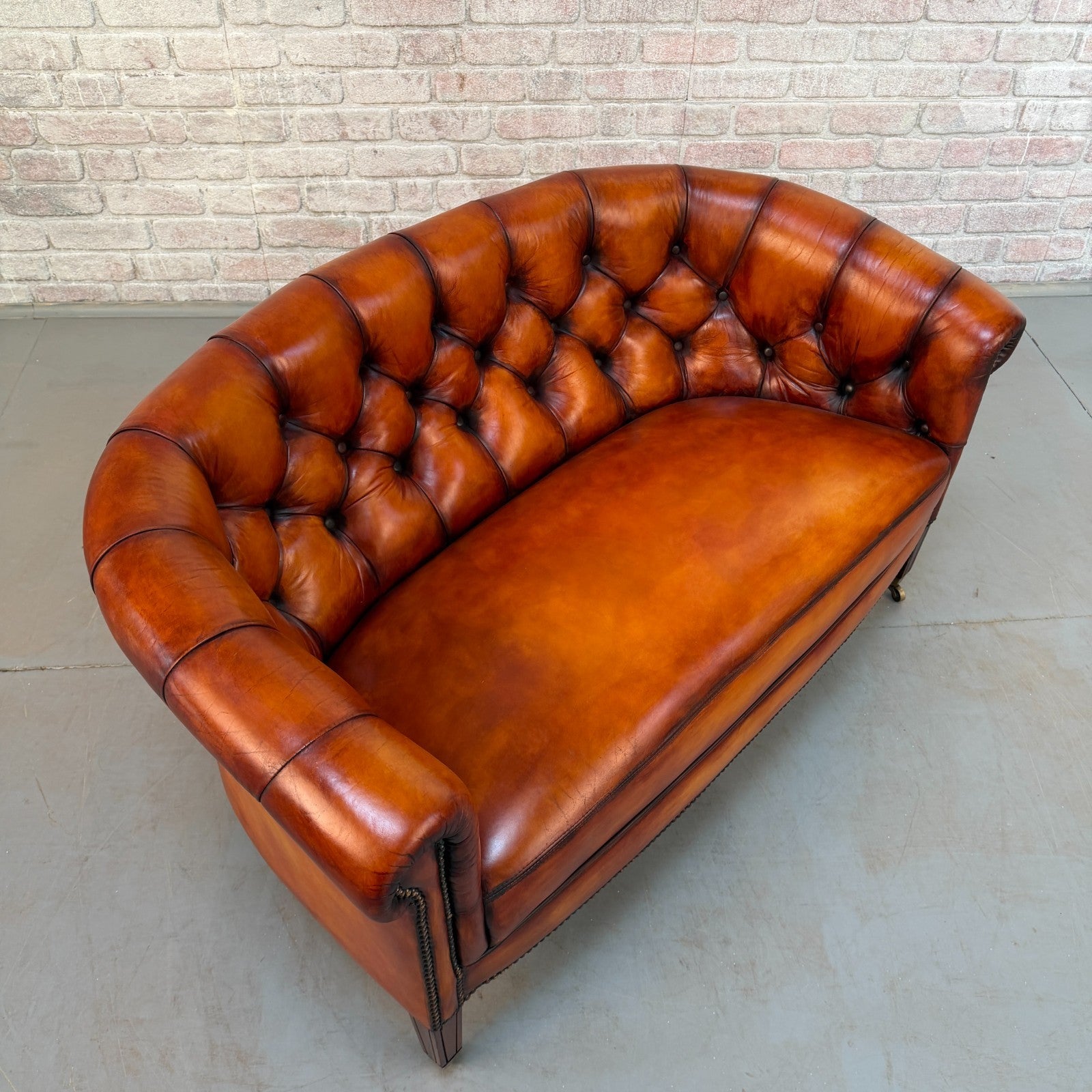 Vintage Neat Chesterfield Tan Hand-Dyed Leather Two Seater Sofa