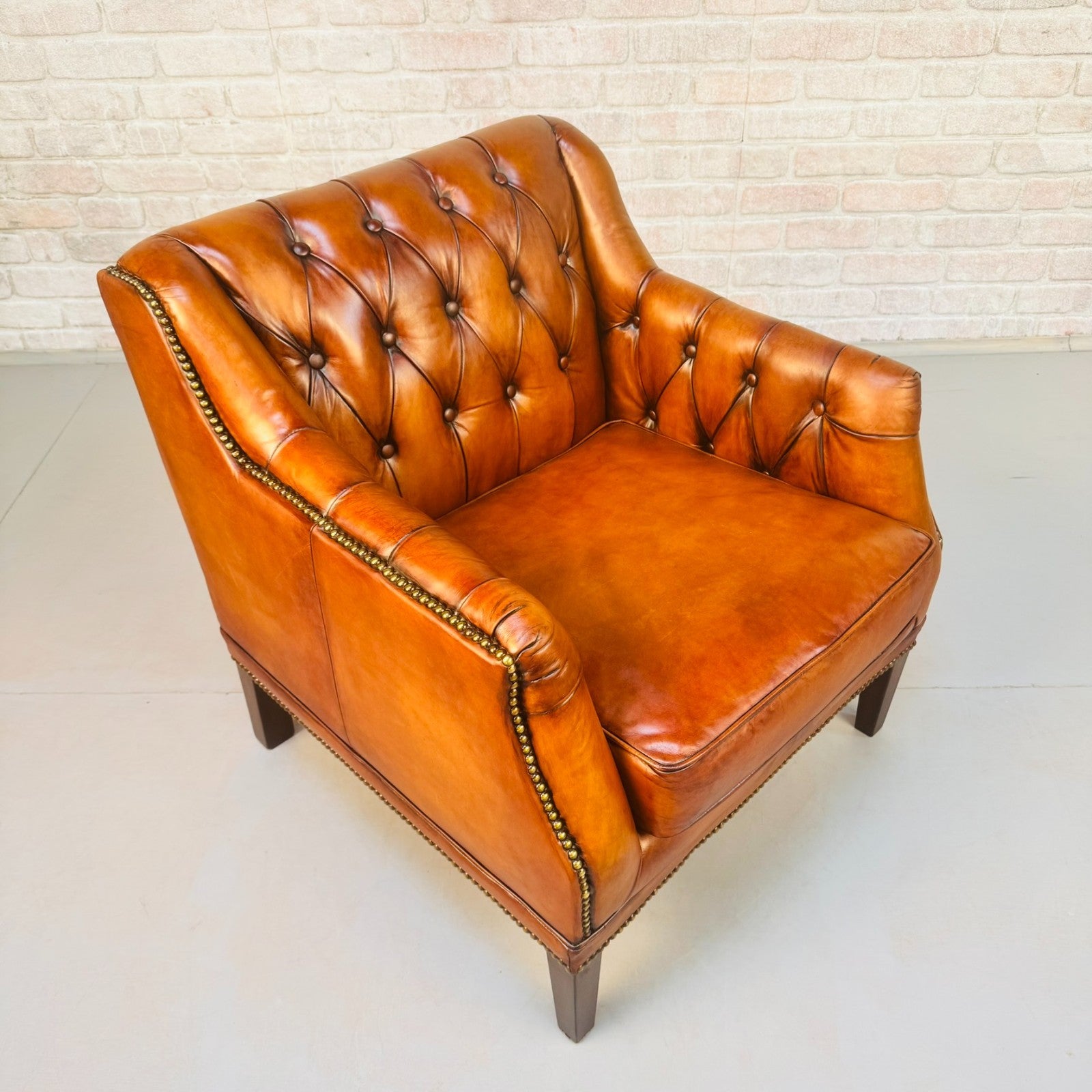 Vintage Chesterfield Armchair & Footstool Tan Leather Cognac Lounge Chair