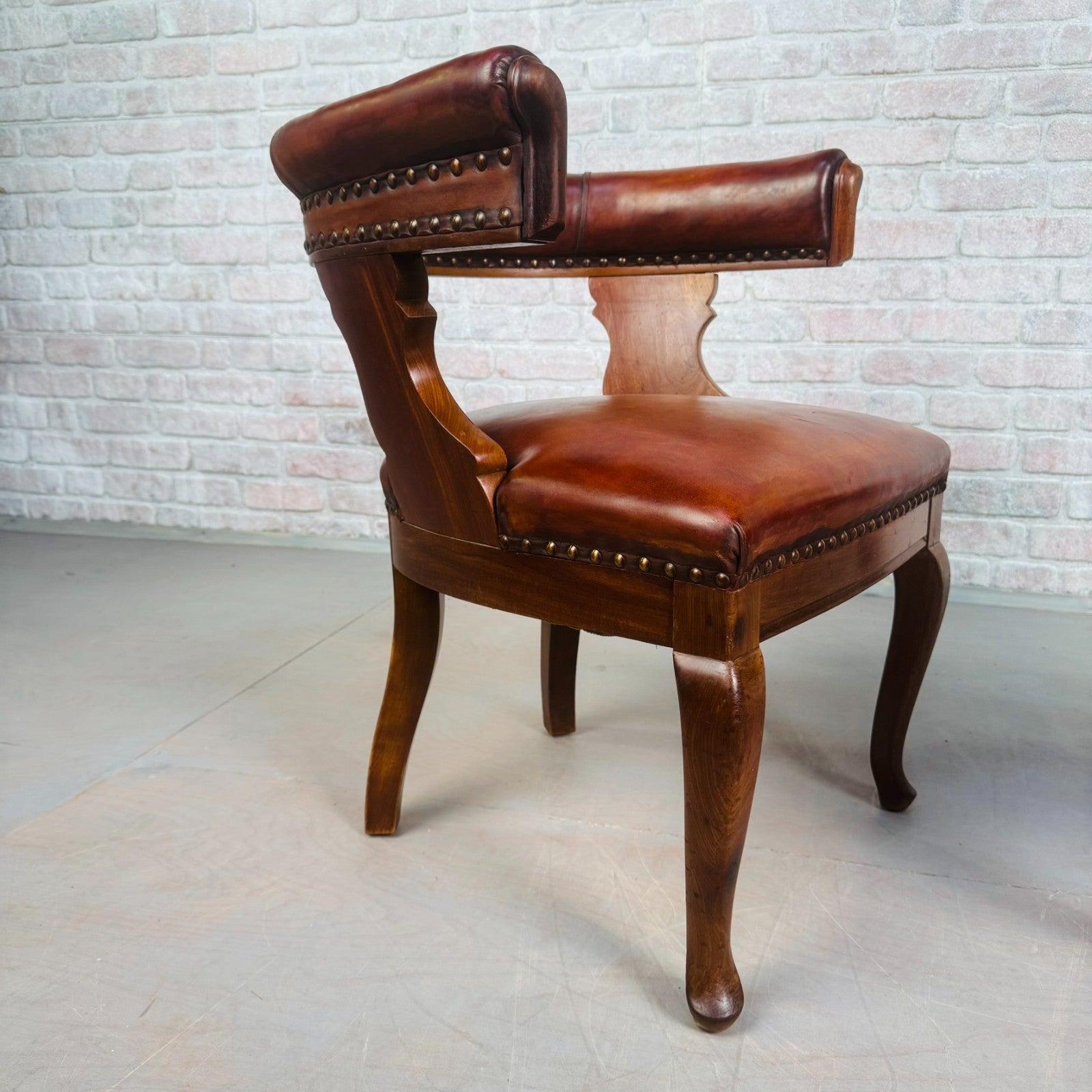 Pair of 40s Antique Danish Tan Leather Partner’s Desk Chairs Walnut Frame