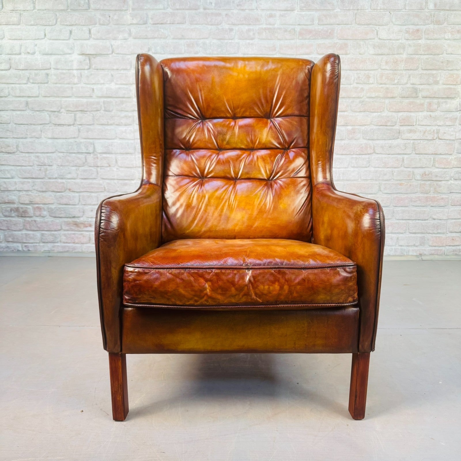 Vintage Danish High Back Light Tan Leather Armchair Mid Century Lounge Chair