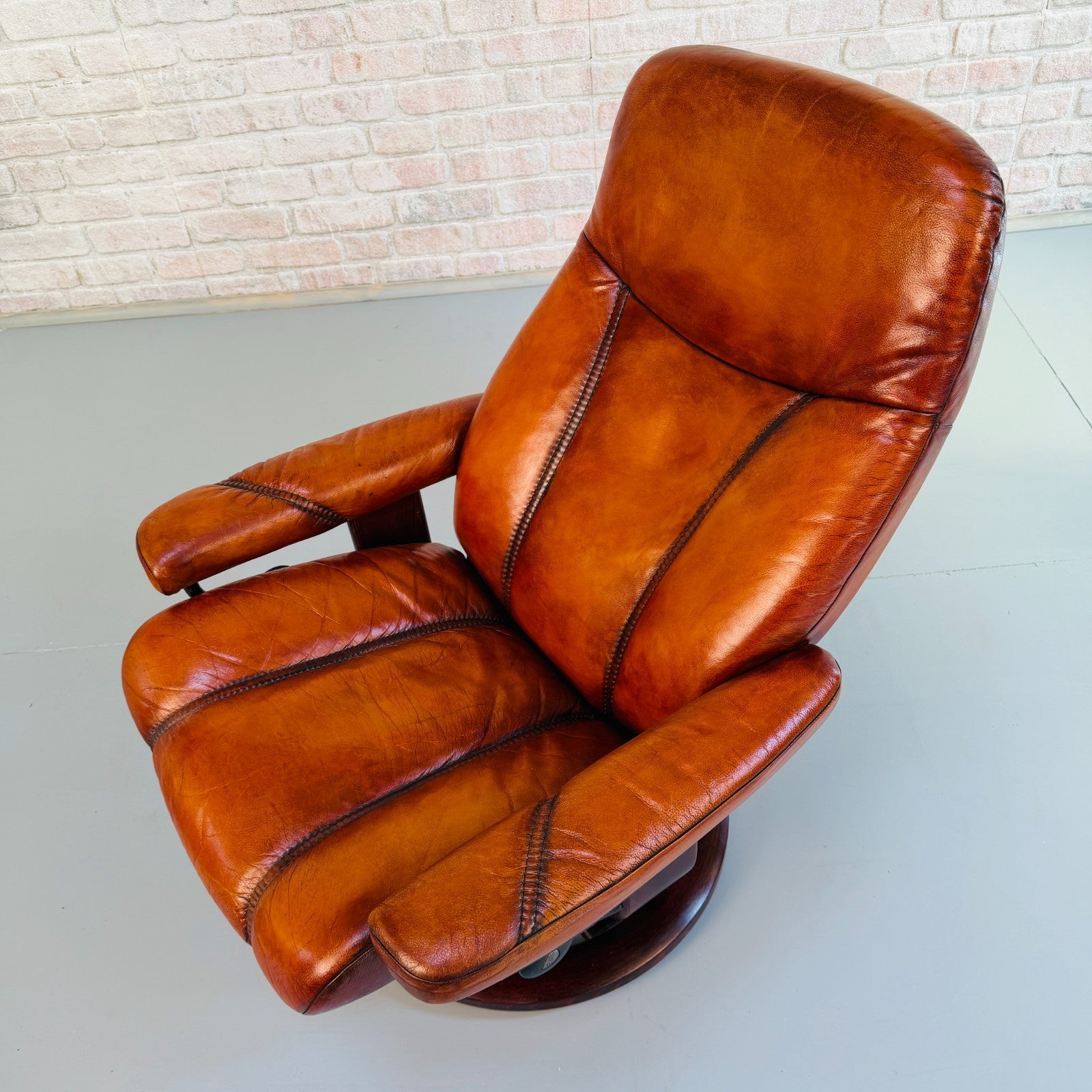 Vintage Danish Ekornes Reclining Swivel Armchair Tan Leather with Footstool